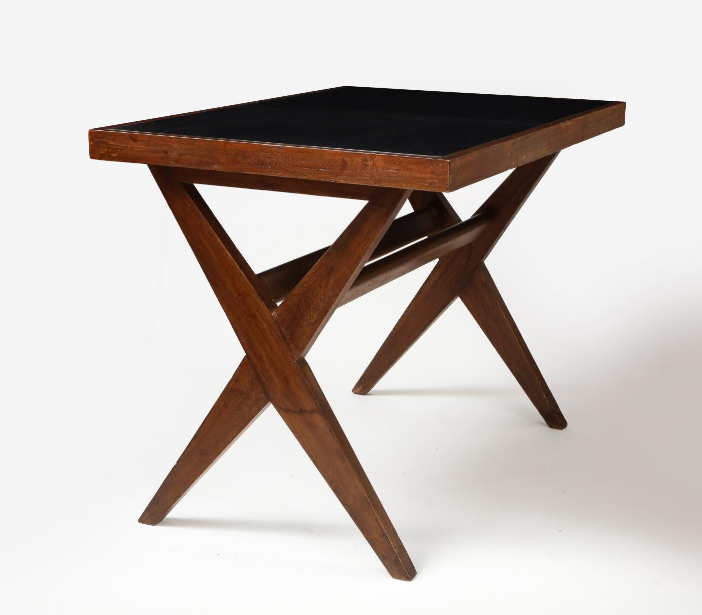 Patinated Leather and Teak Desk by Pierre Jeanneret, 1959 For Sale
