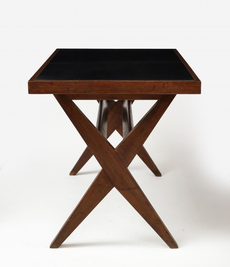 Leather and Teak Desk by Pierre Jeanneret, 1959 In Good Condition For Sale In New York City, NY