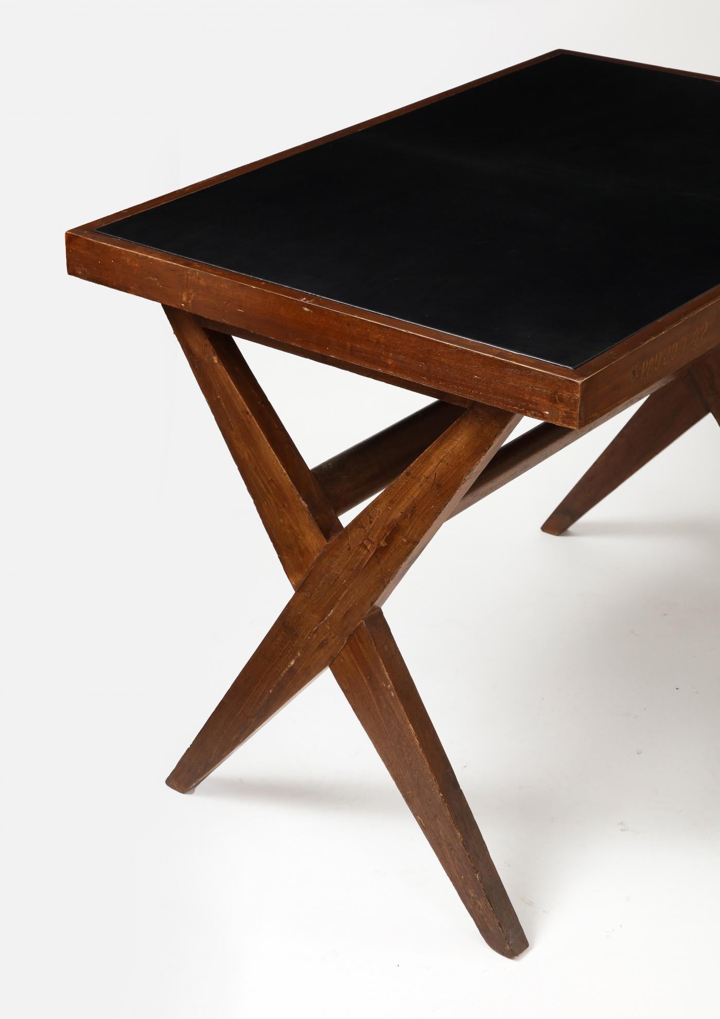 Leather and Teak Desk by Pierre Jeanneret, 1959 For Sale 1