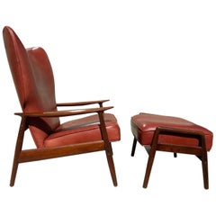 Leather and Teak Lounge Chair with Ottoman by K. Rasmussen for Peter Wessel