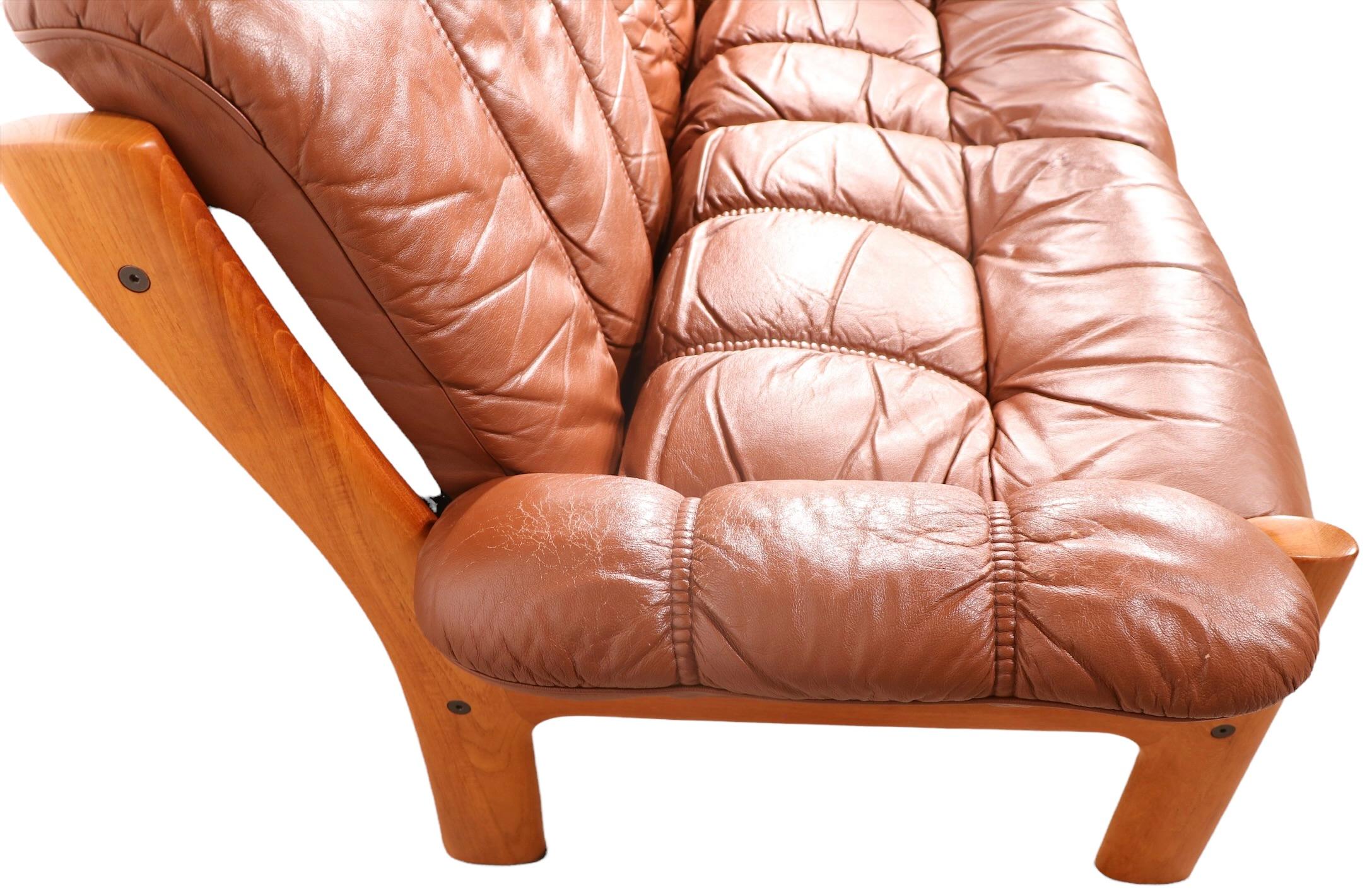 Norwegian Leather and Teak Sofa by Ekornes Stressless Made in Norway Ca. 1970's