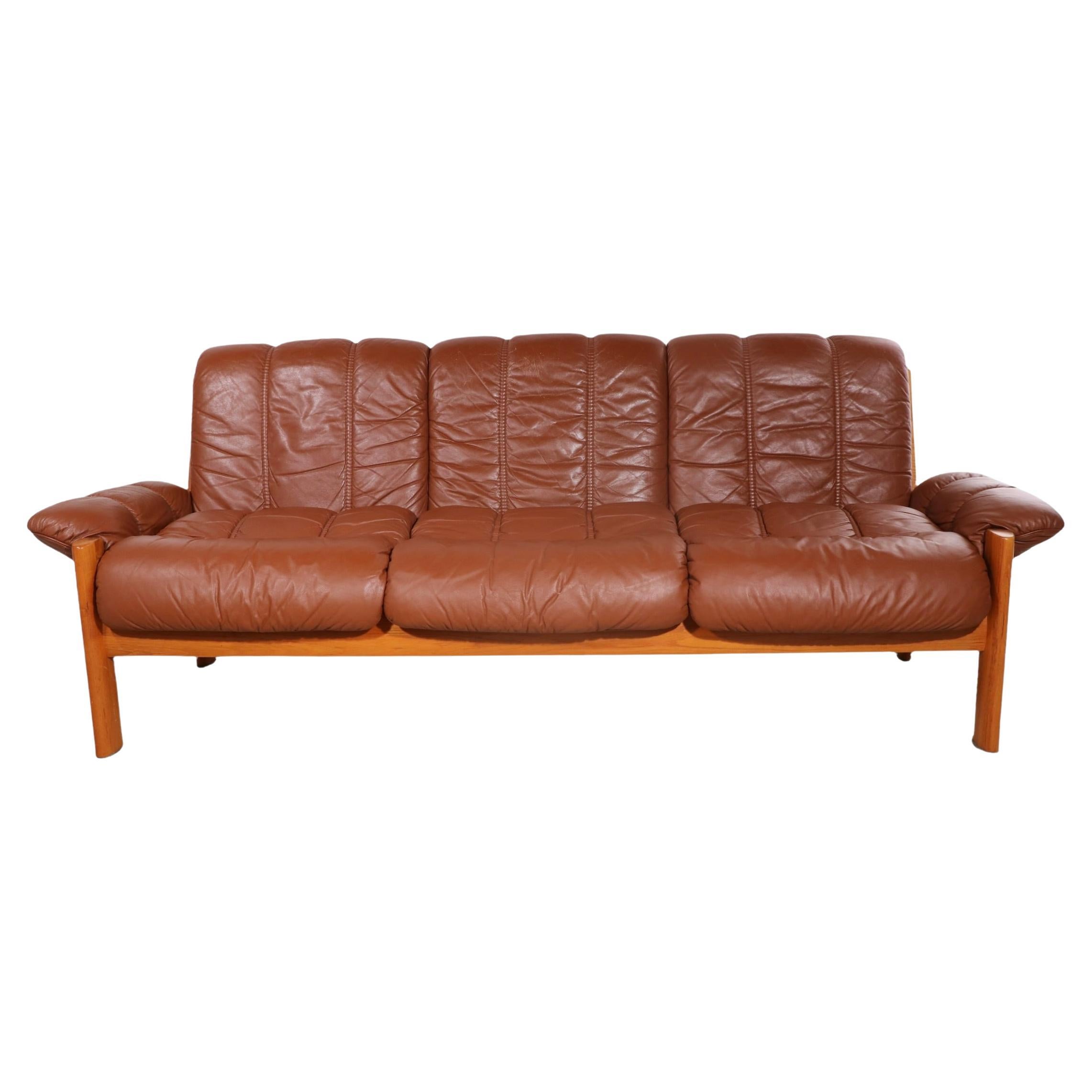 Leather and Teak Sofa by Ekornes Stressless Made in Norway Ca. 1970's