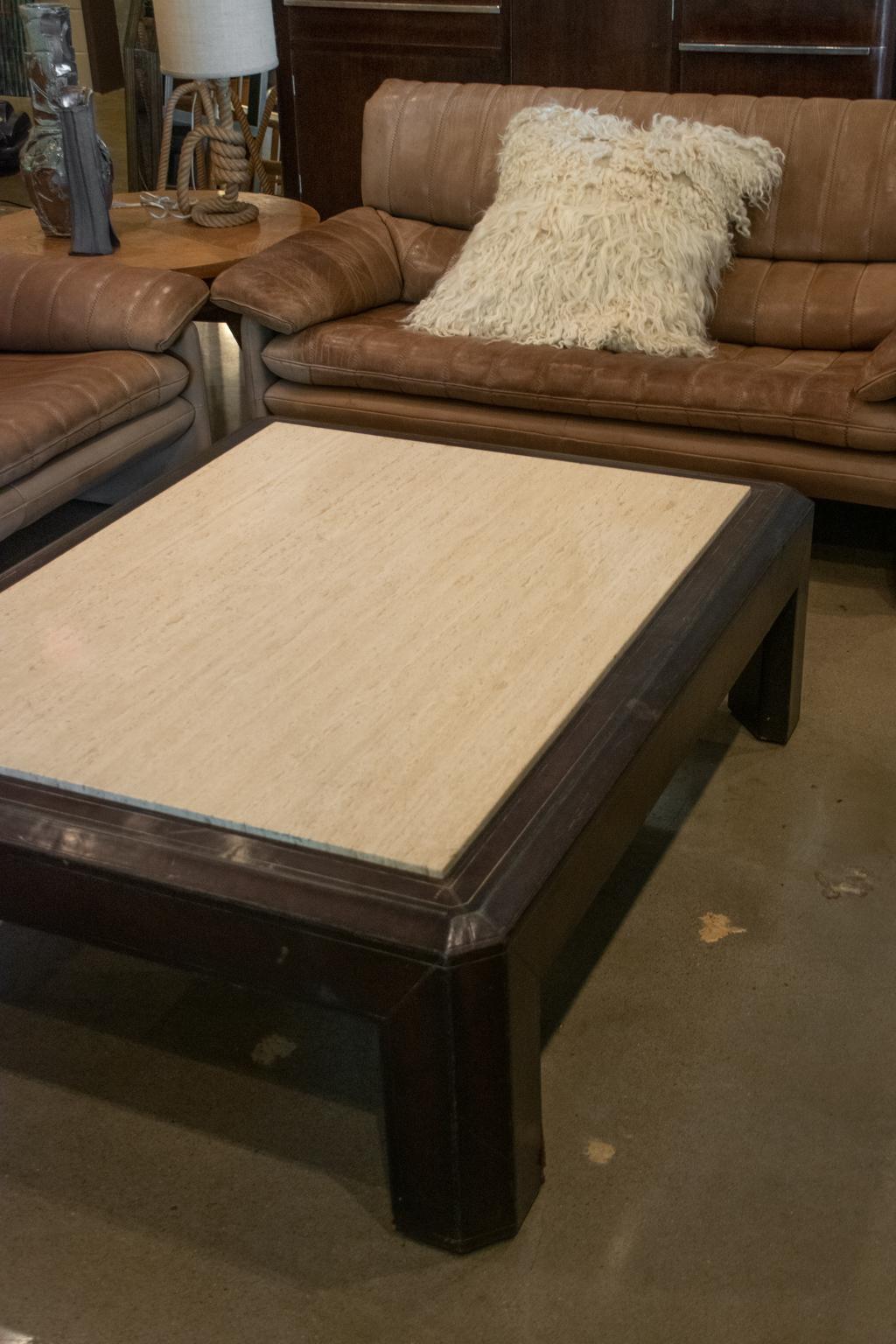 Leather and Travertine Cocktail Table 6