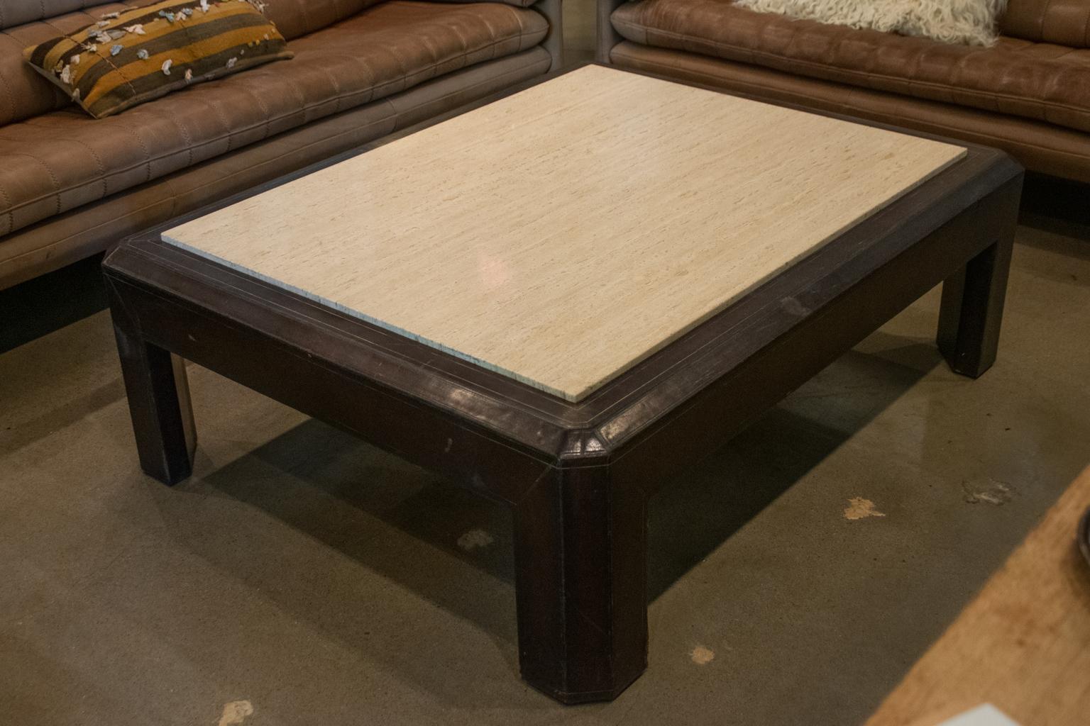 North American Leather and Travertine Cocktail Table