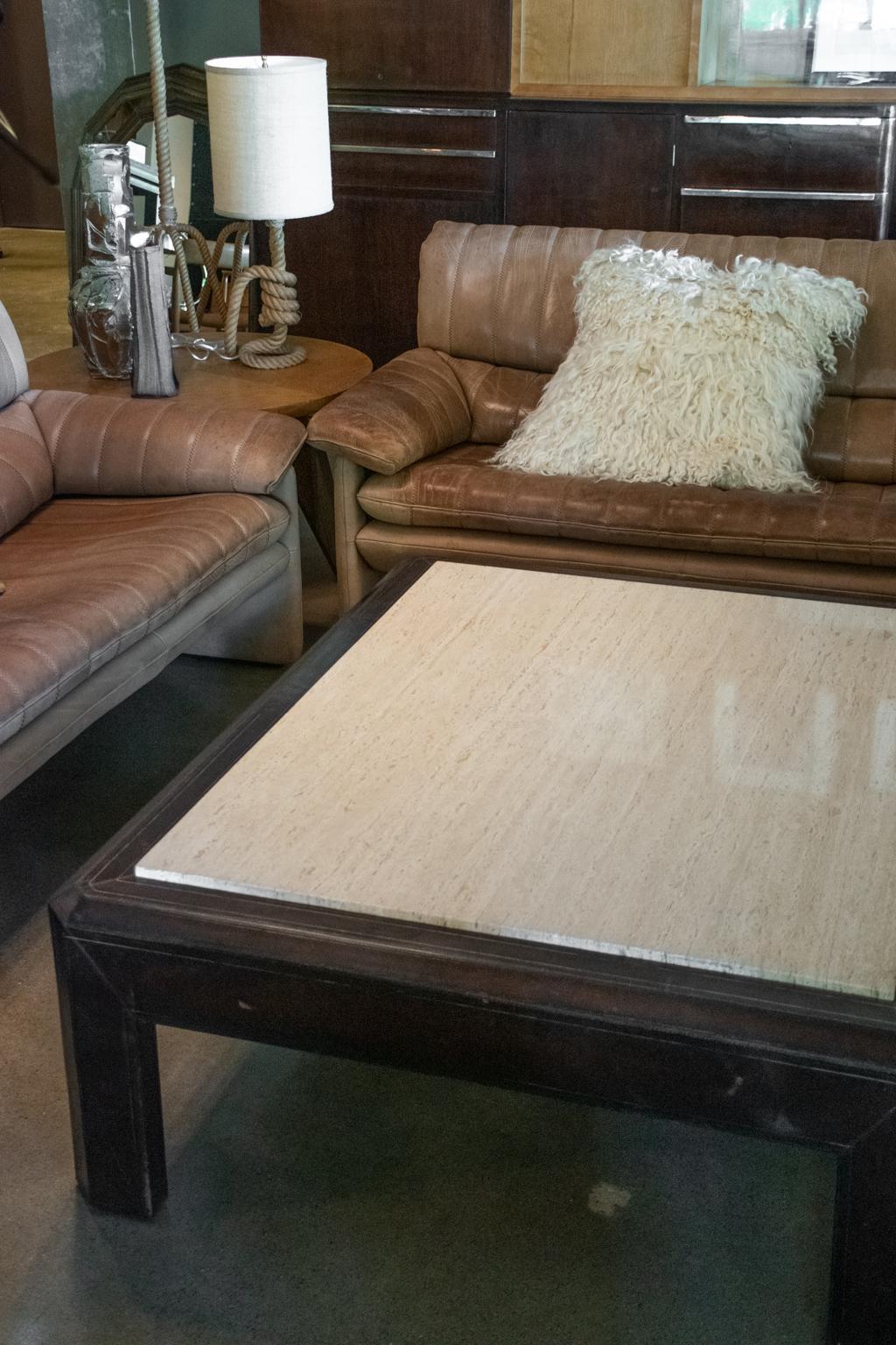 Leather and Travertine Cocktail Table In Good Condition In Austin, TX