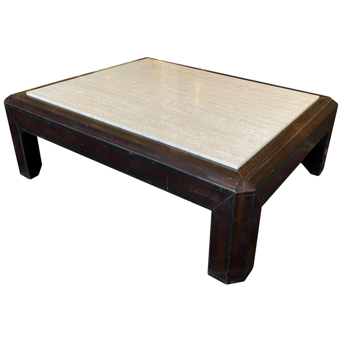 Leather and Travertine Cocktail Table