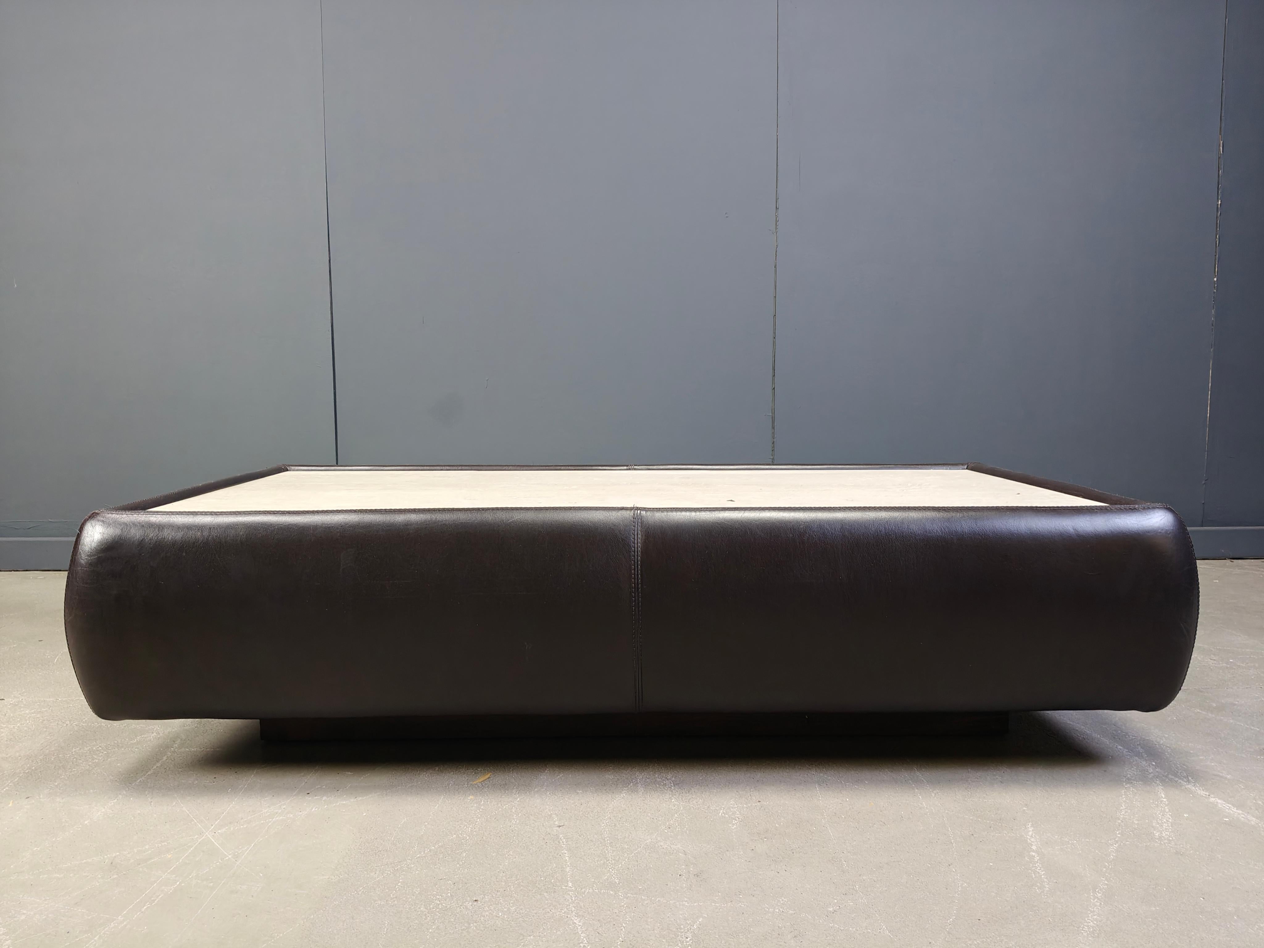 Leather and travertine coffee table attr to Desede, 1970s For Sale 4