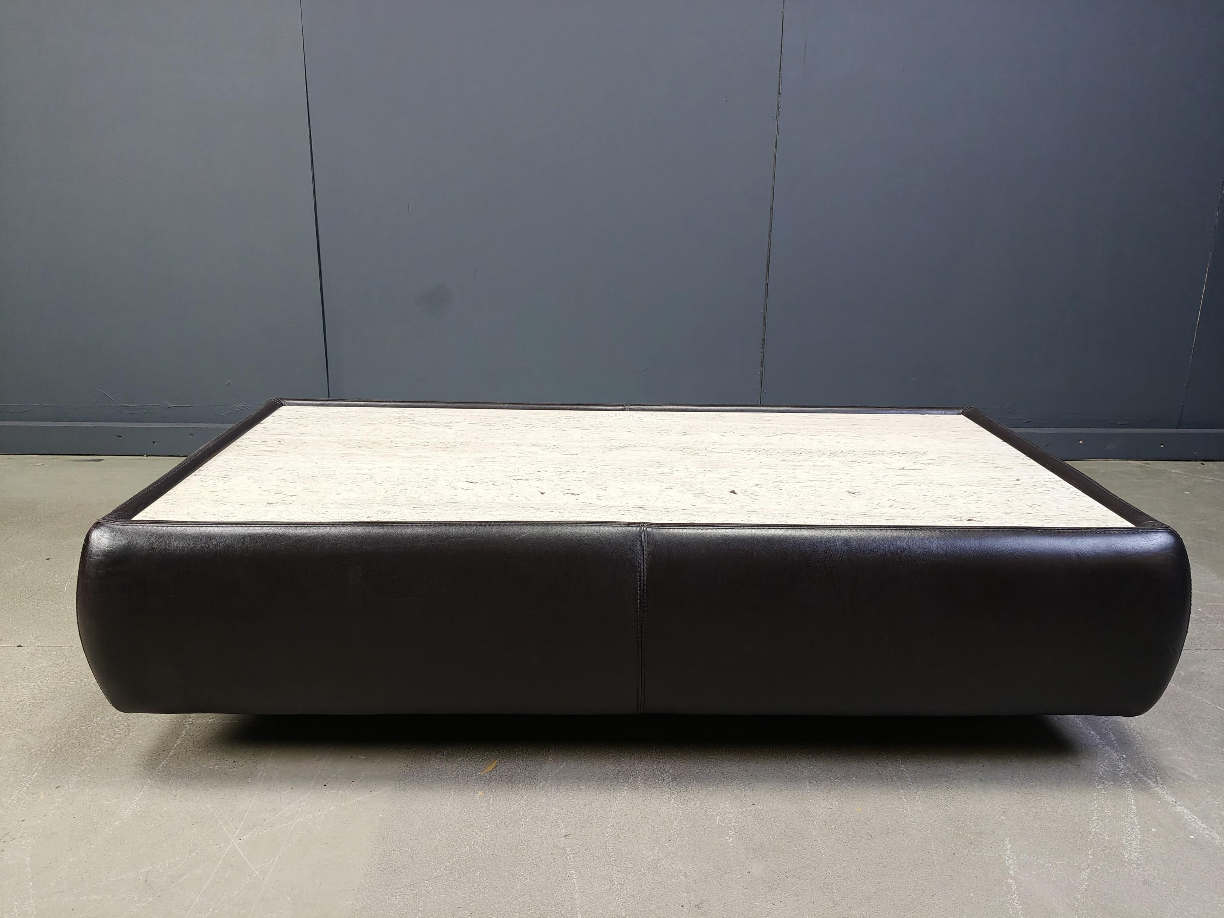 Leather and travertine coffee table attr to Desede, 1970s For Sale 5