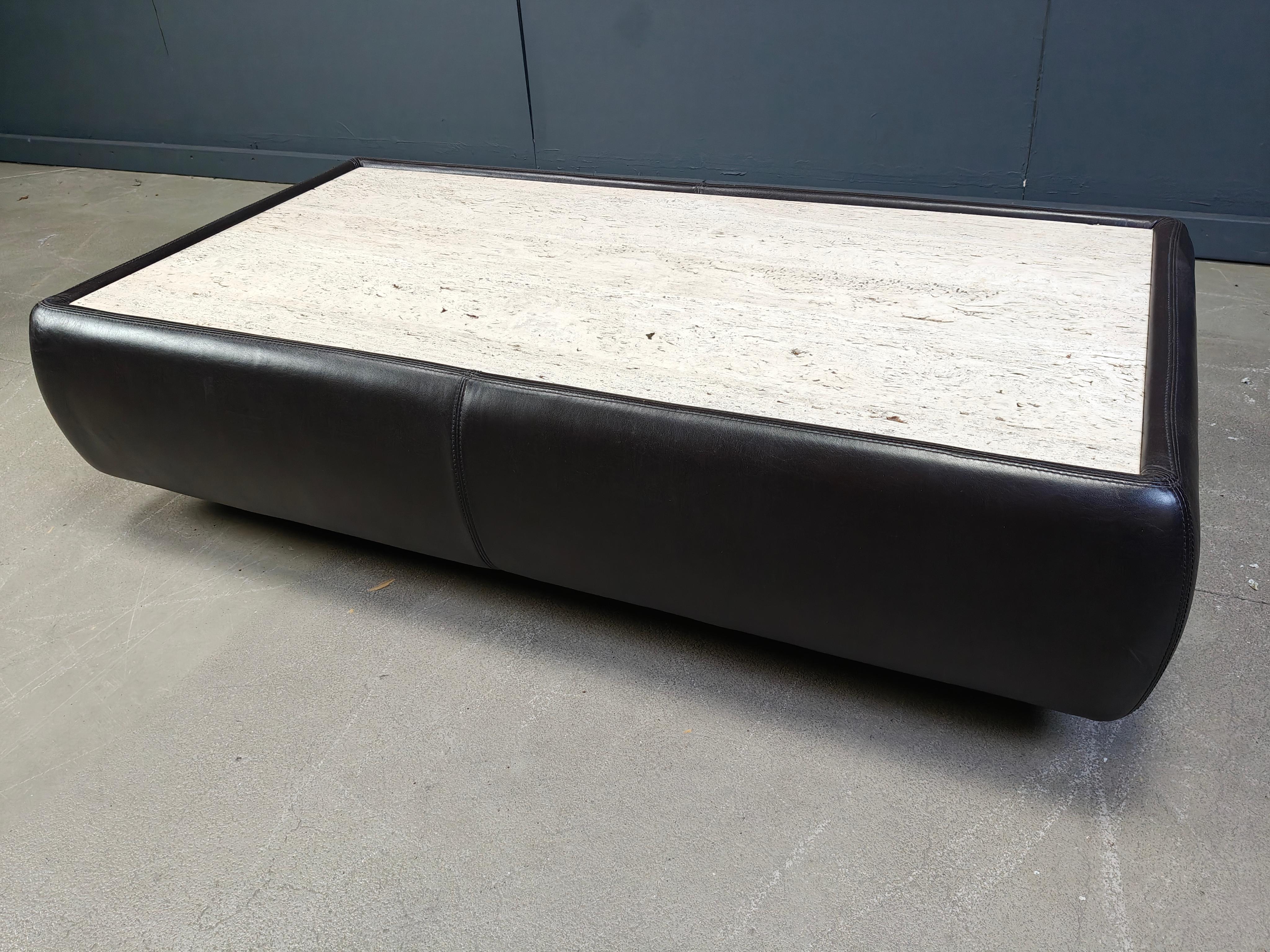 Mid-Century Modern Leather and travertine coffee table attr to Desede, 1970s For Sale
