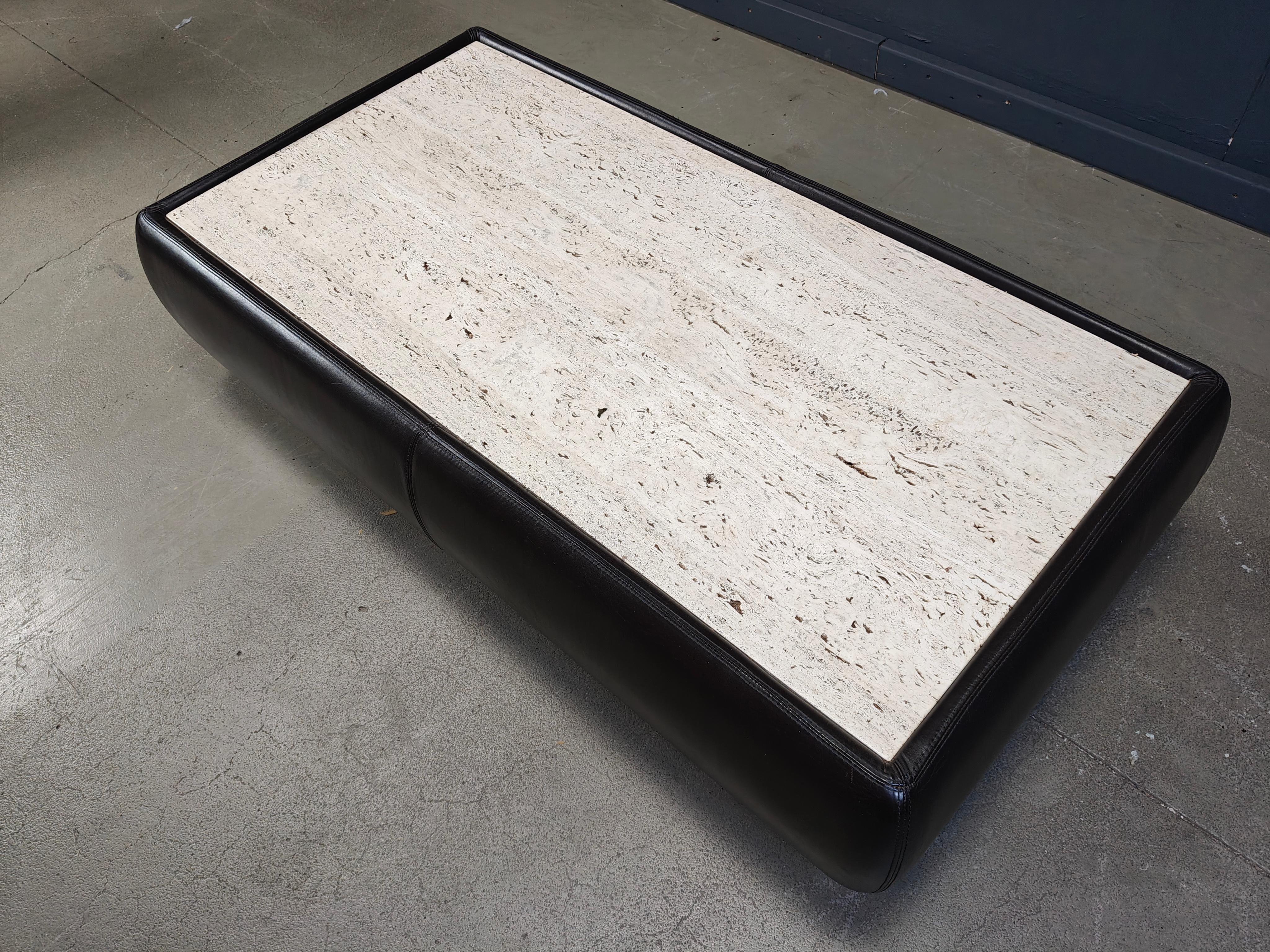 Swiss Leather and travertine coffee table attr to Desede, 1970s For Sale