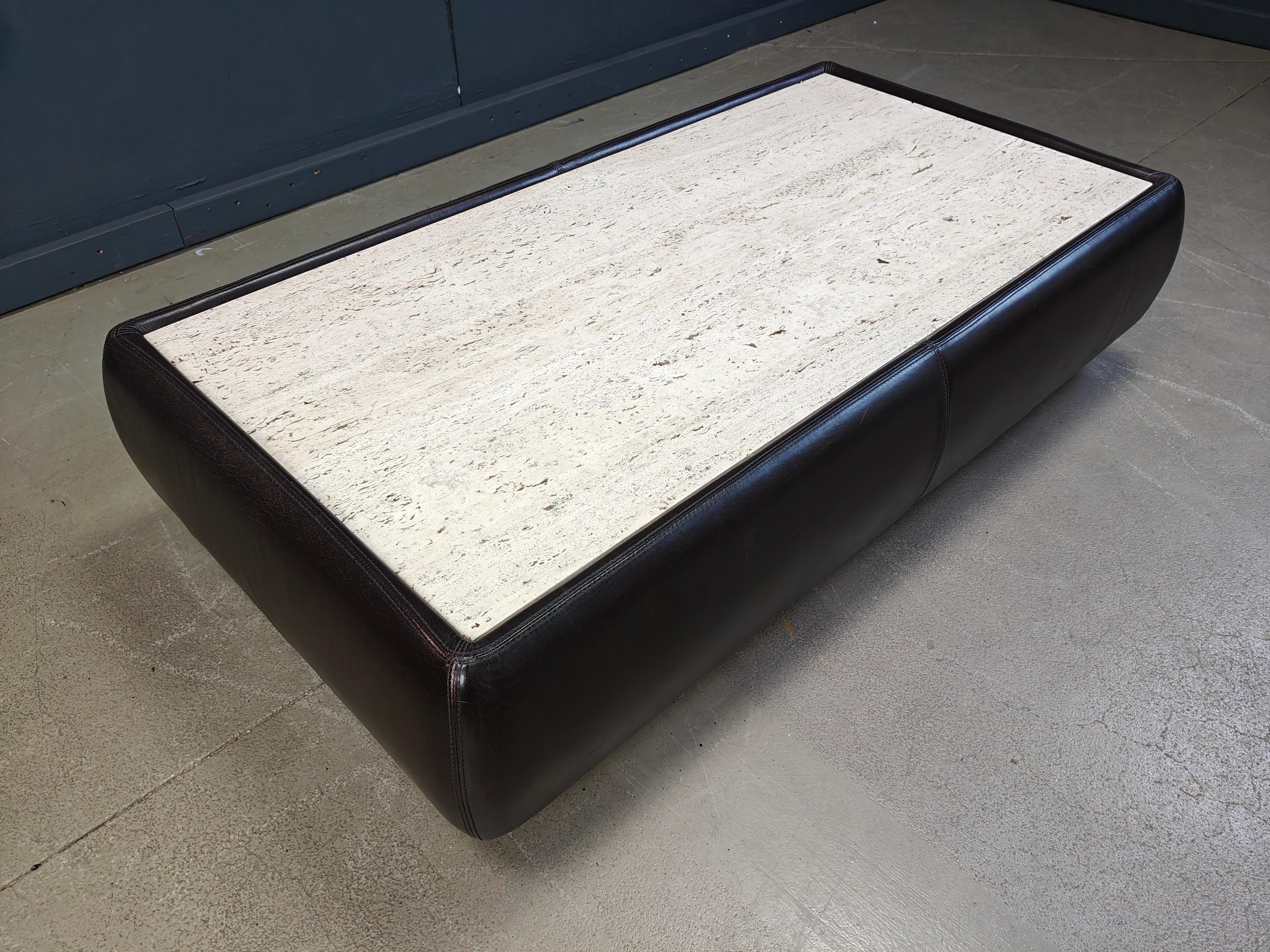 Leather and travertine coffee table attr to Desede, 1970s For Sale 1