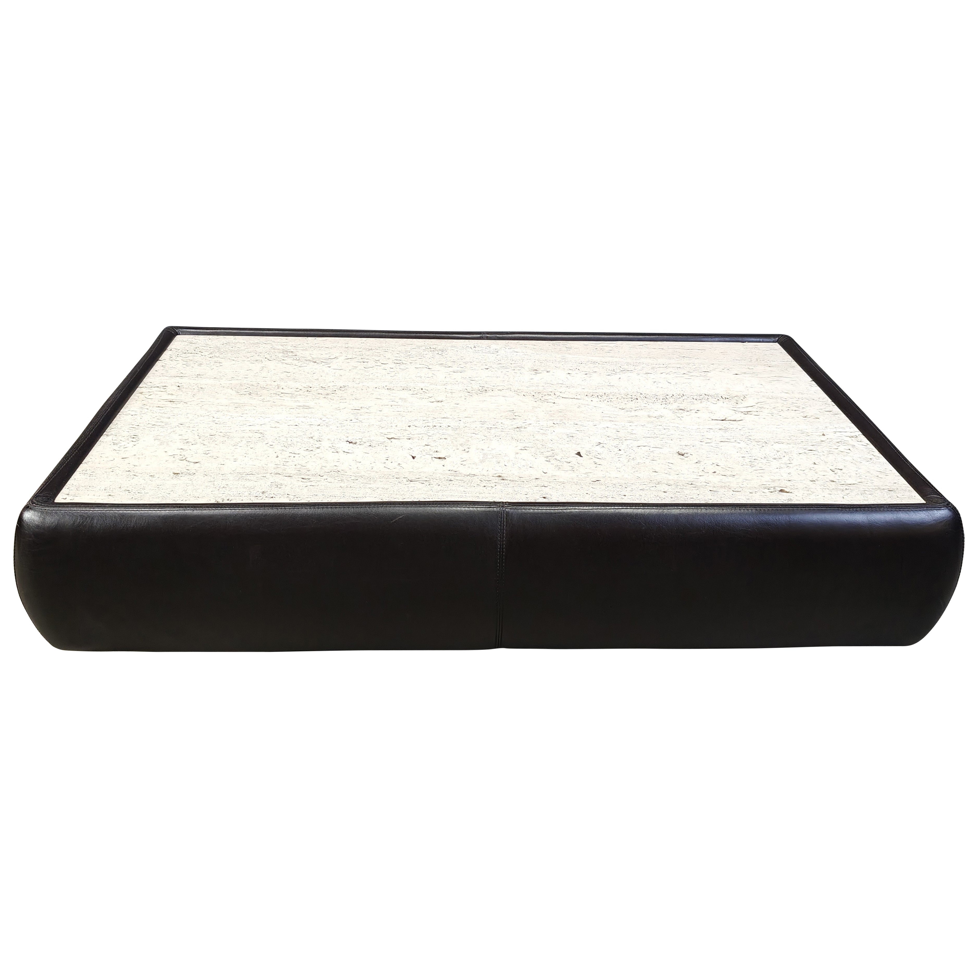 Leather and travertine coffee table attr to Desede, 1970s For Sale