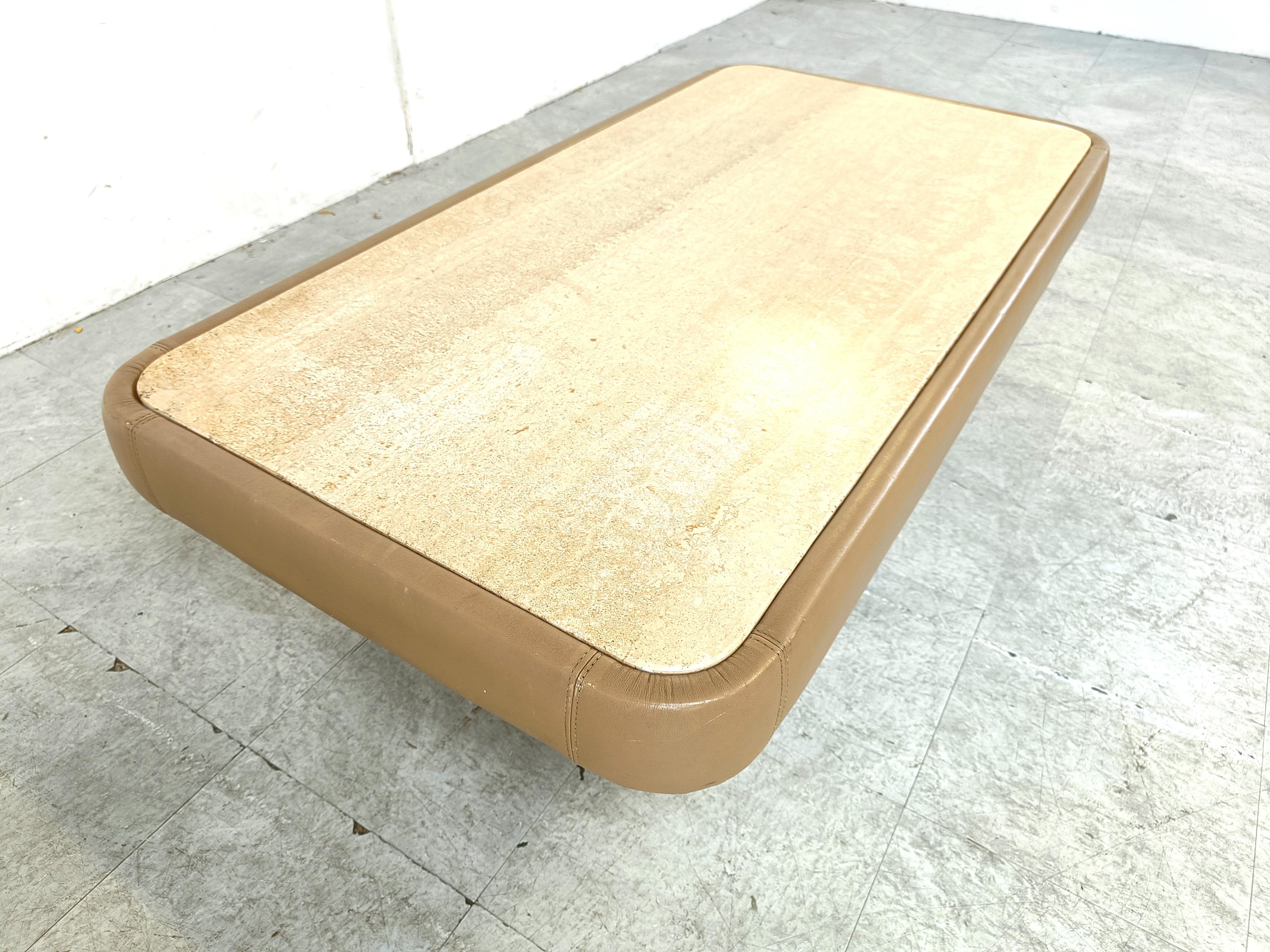 Leather and travertine coffee table by Desede, 1970s 5