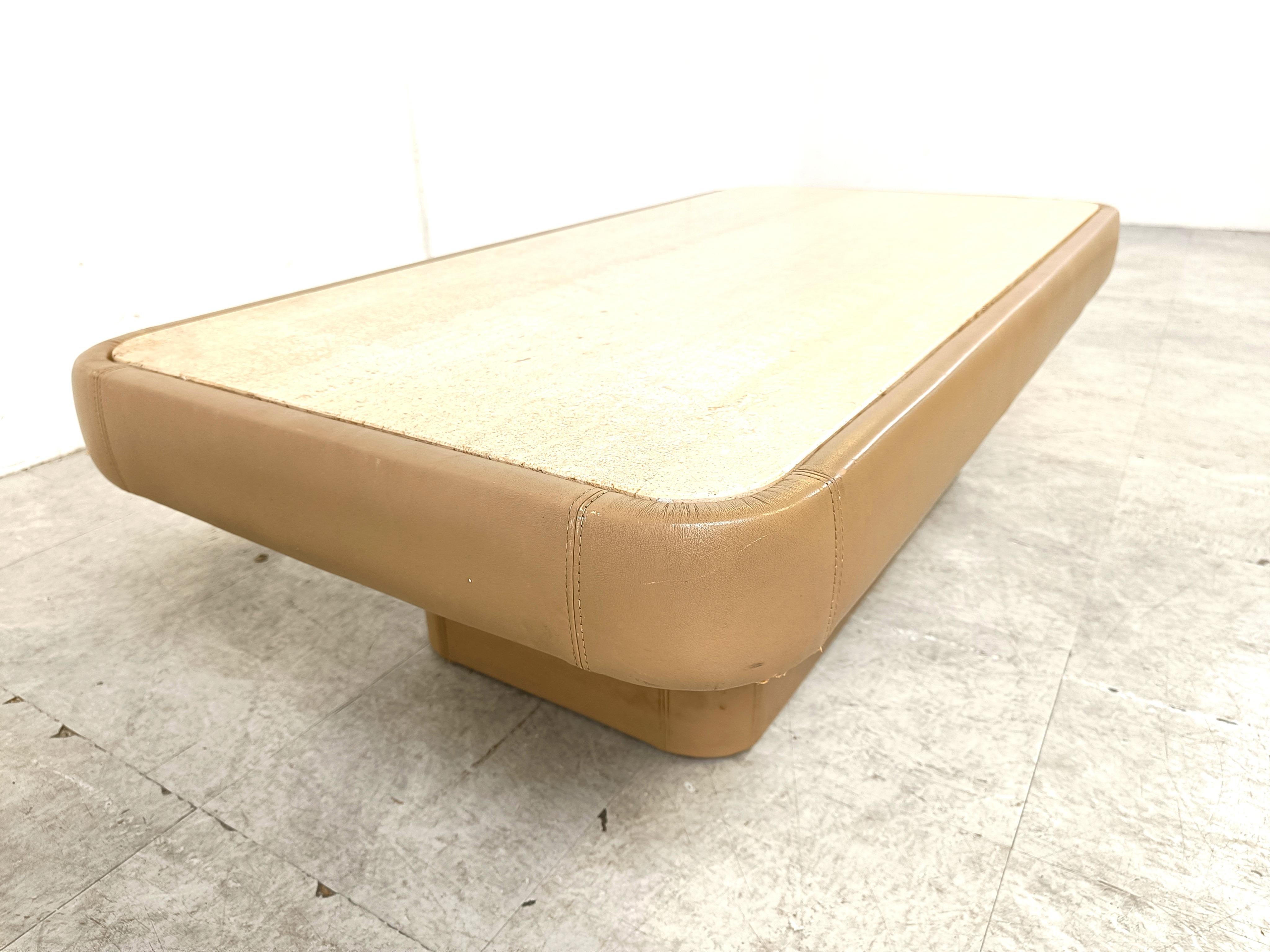 Leather and travertine coffee table by Desede, 1970s 6