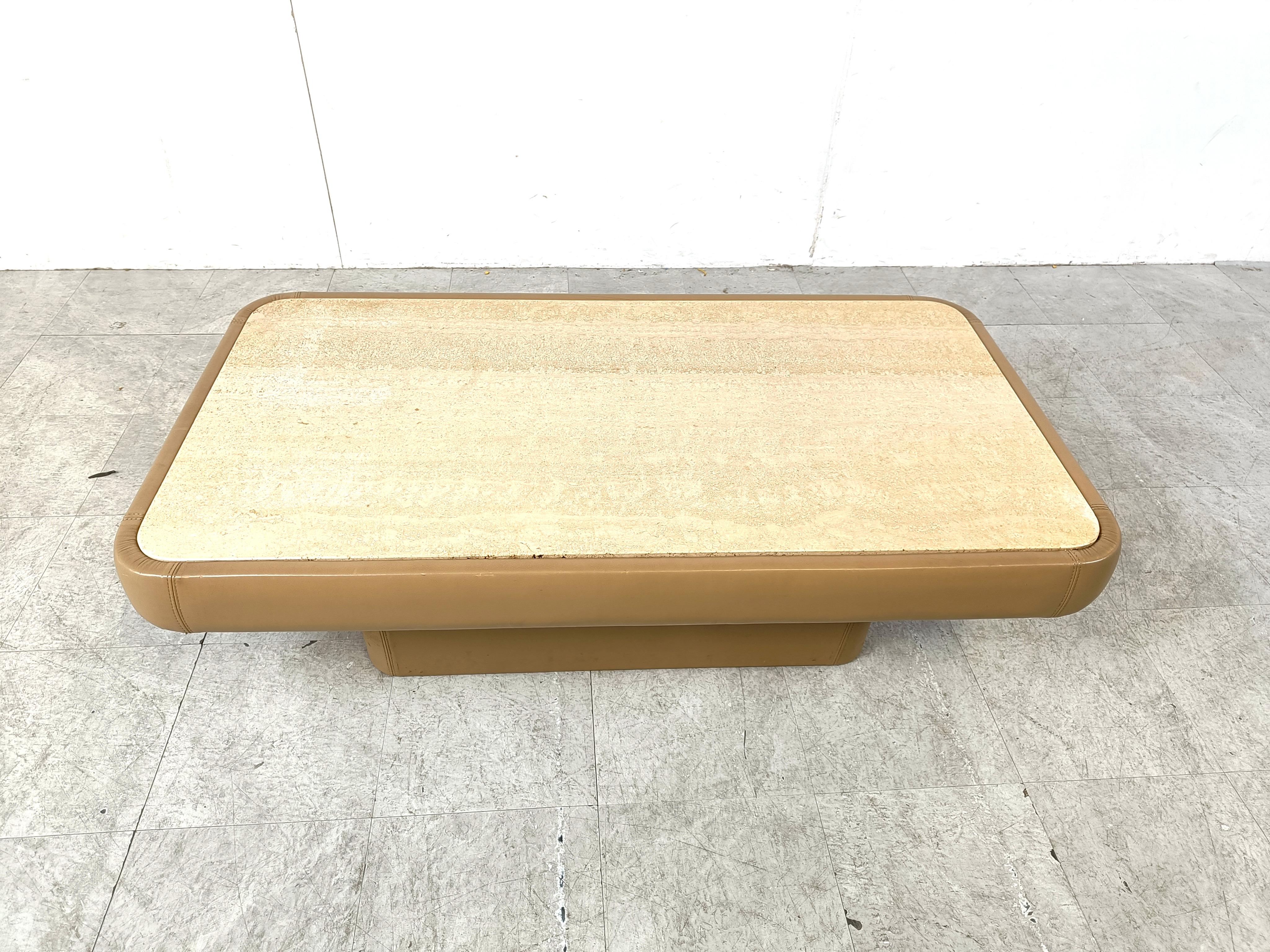 Mid-Century Modern Leather and travertine coffee table by Desede, 1970s