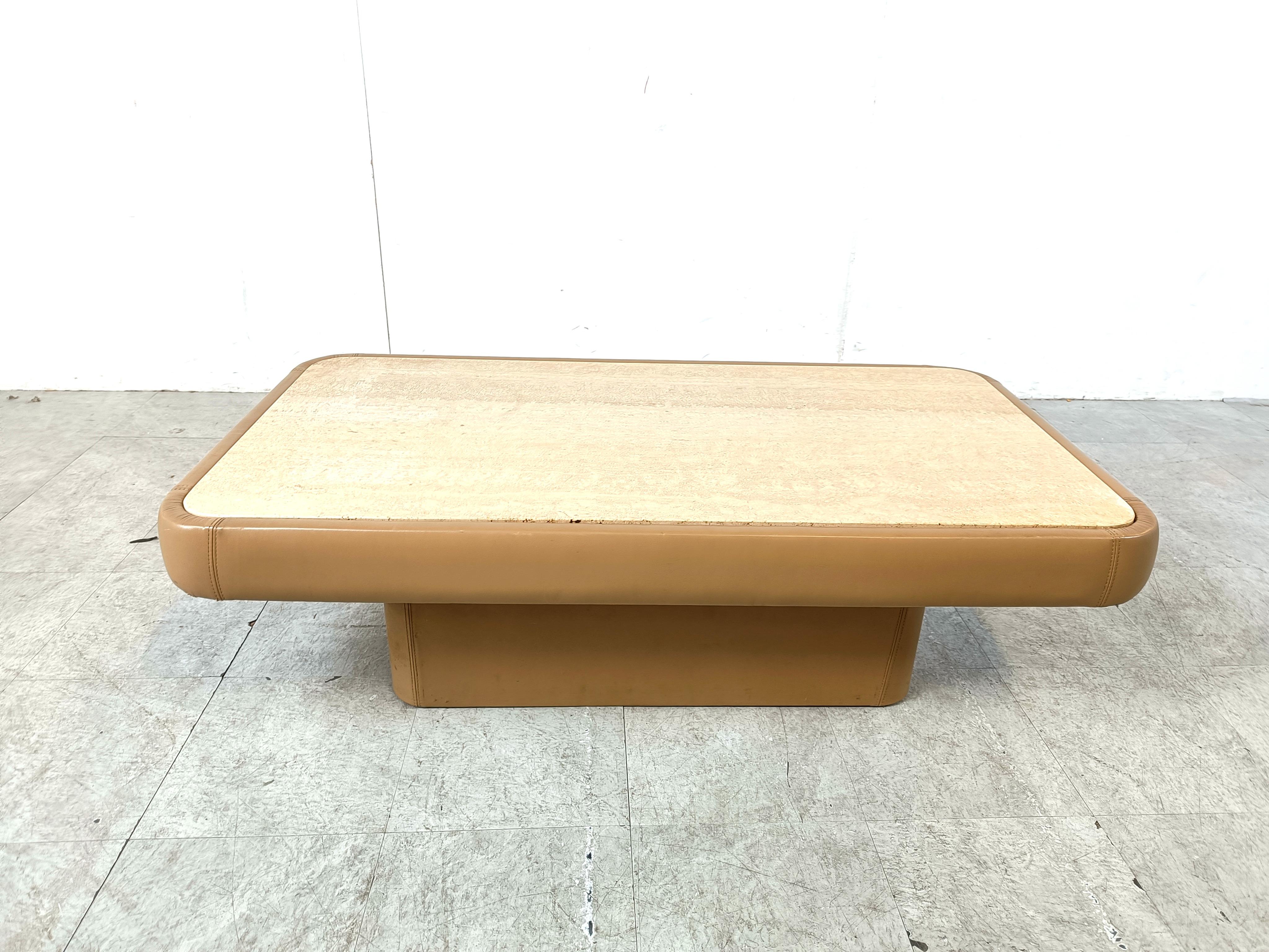 Swiss Leather and travertine coffee table by Desede, 1970s