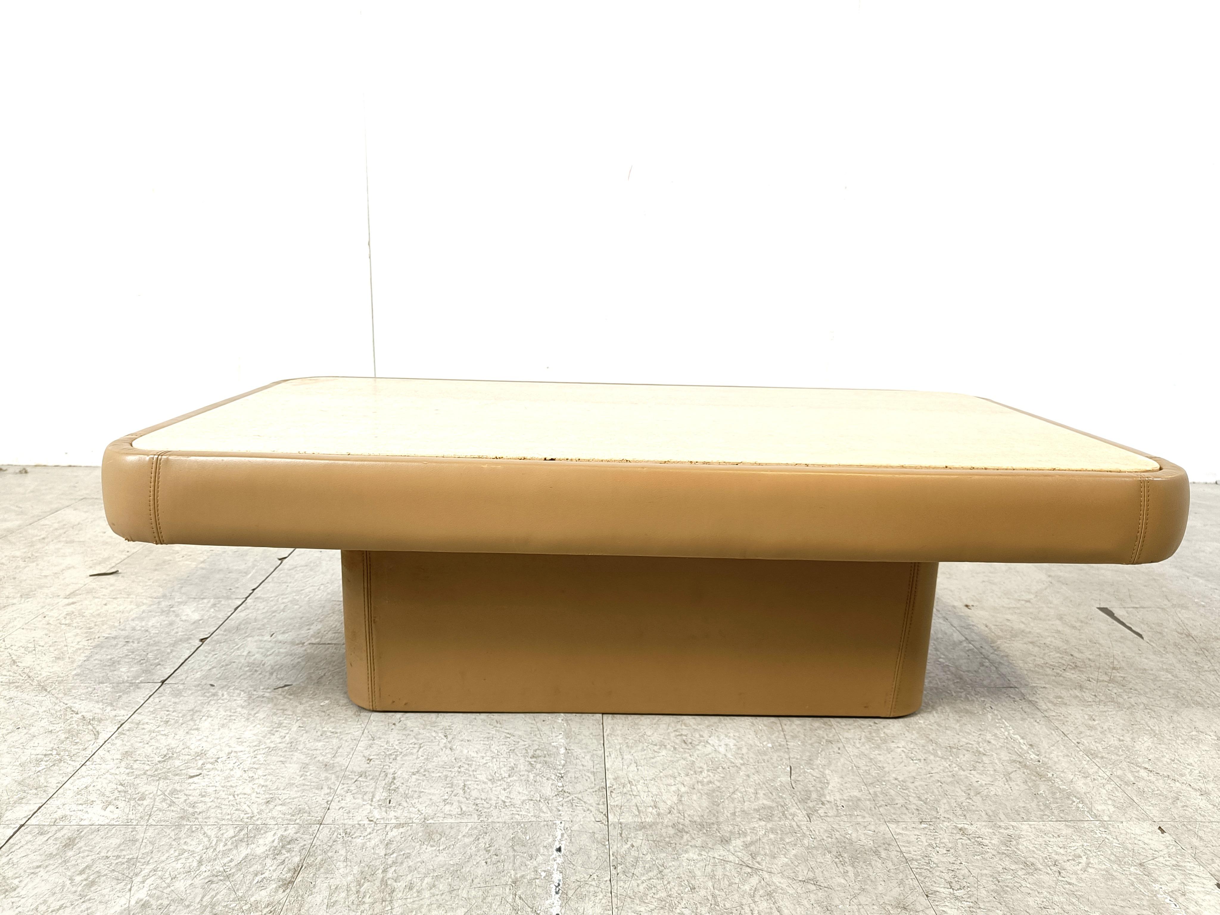 Leather and travertine coffee table by Desede, 1970s In Good Condition In Leuven, Vlaams Gewest
