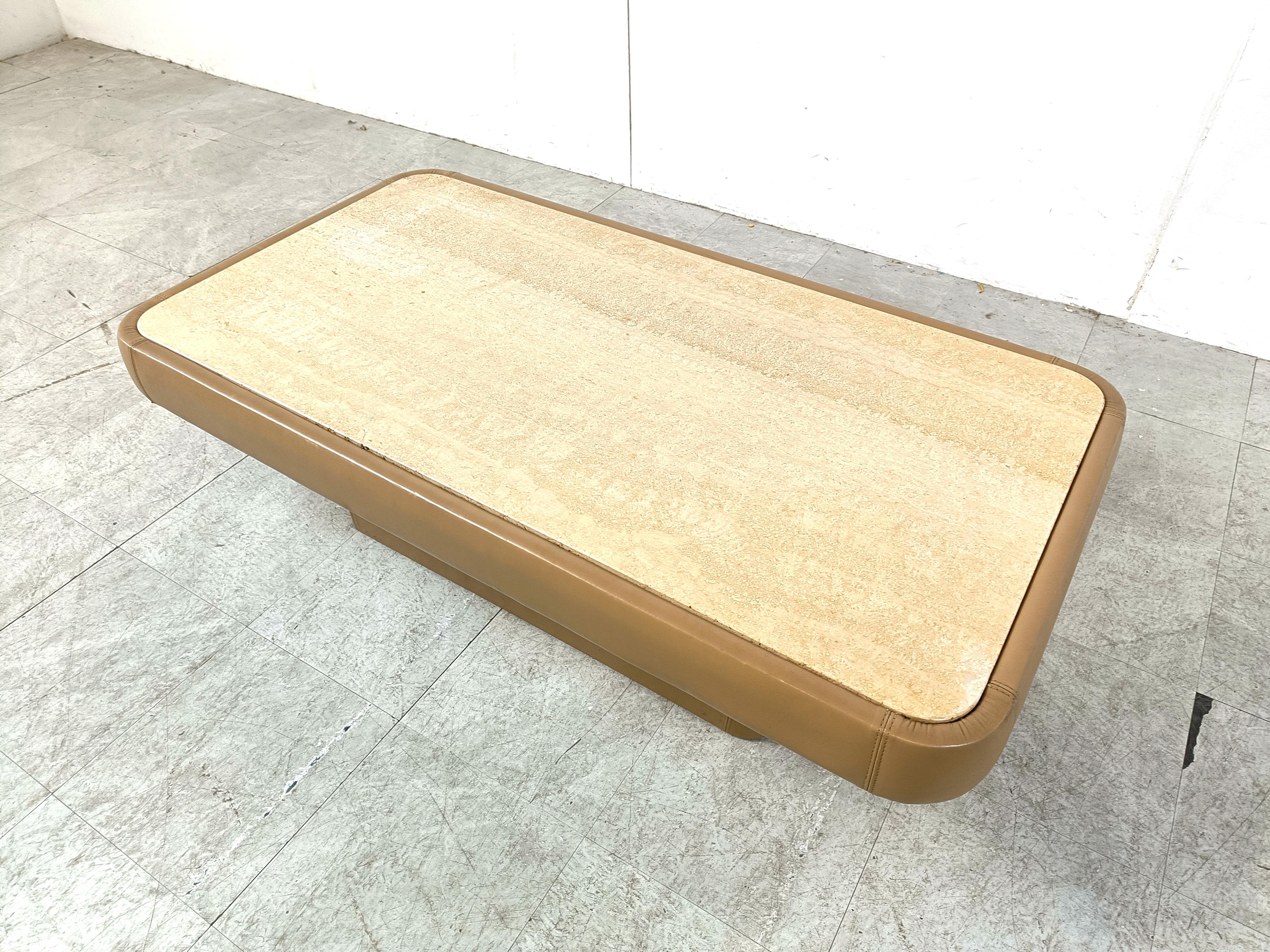 Leather and travertine coffee table by Desede, 1970s 1