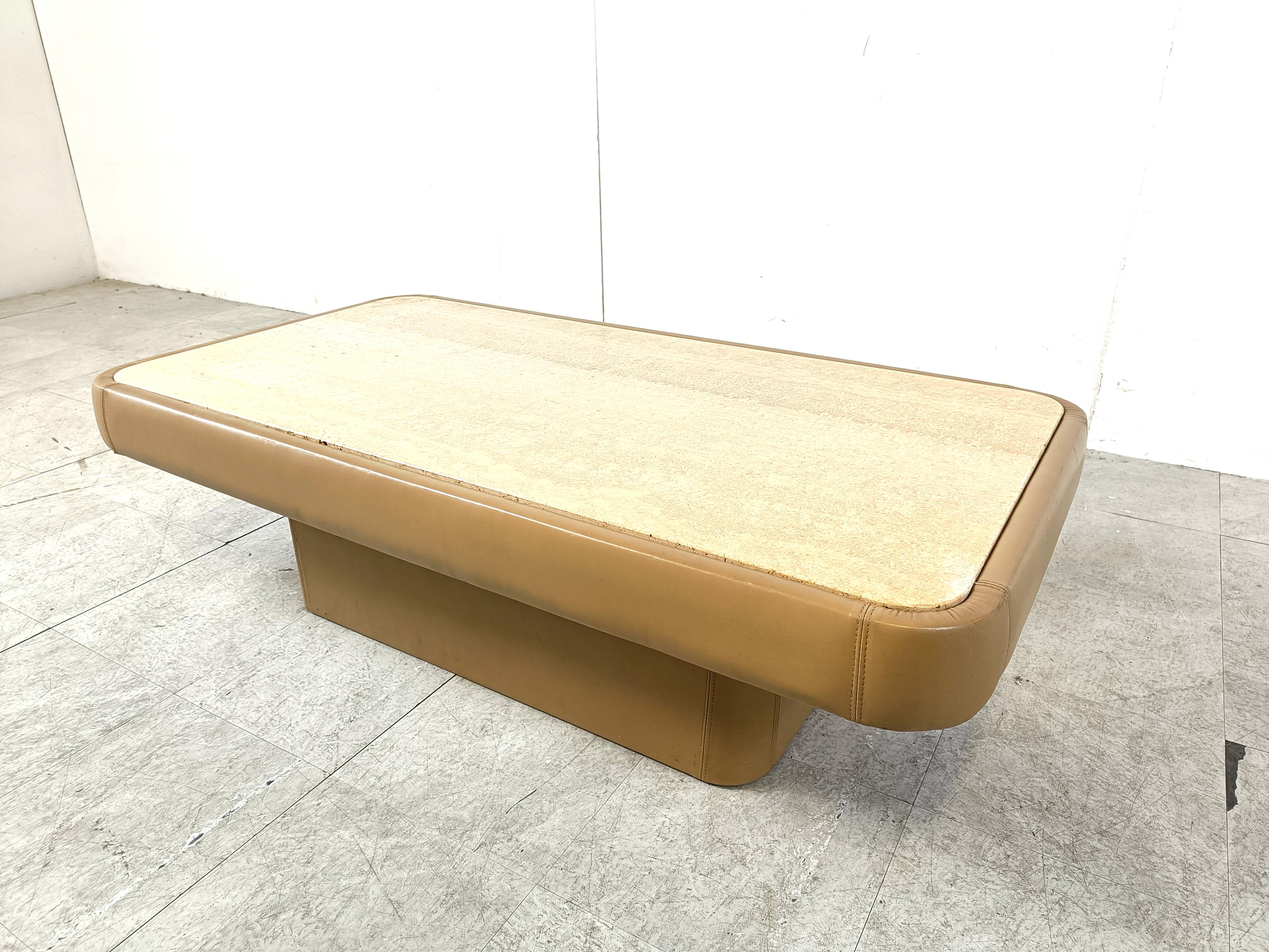 Leather and travertine coffee table by Desede, 1970s 2