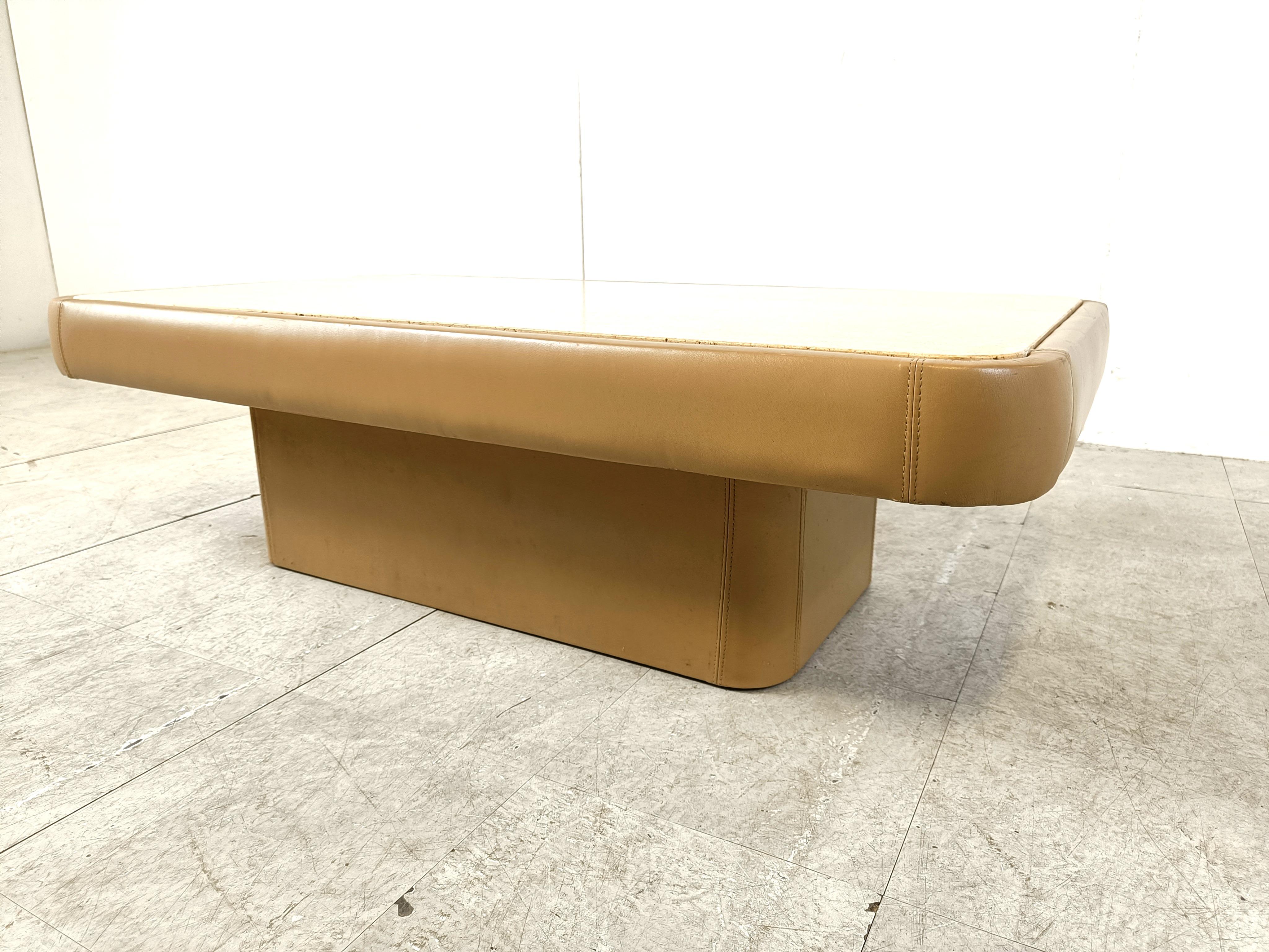 Leather and travertine coffee table by Desede, 1970s 3