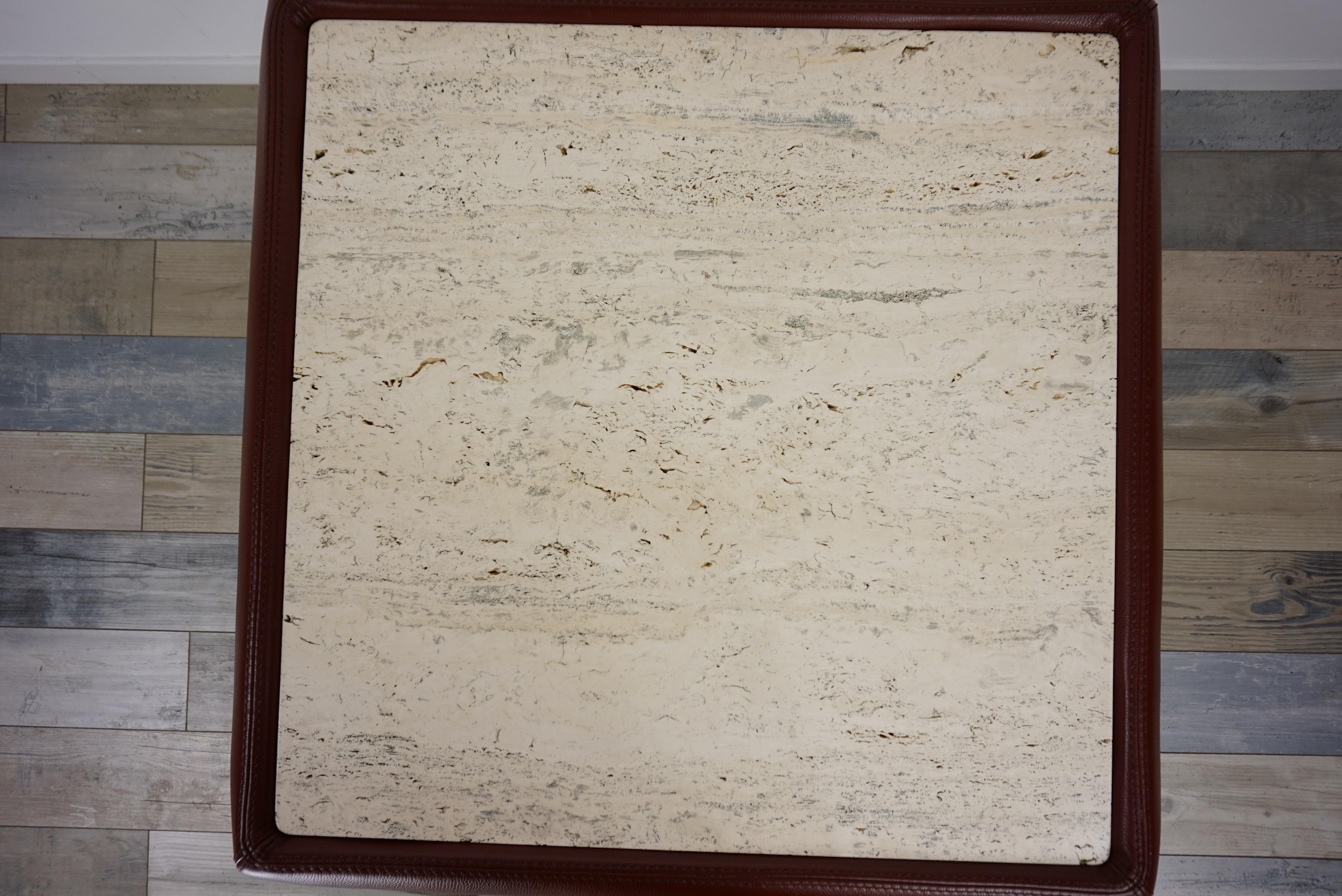 Leather and Travertine Square Coffee Table In Good Condition In Tourcoing, FR