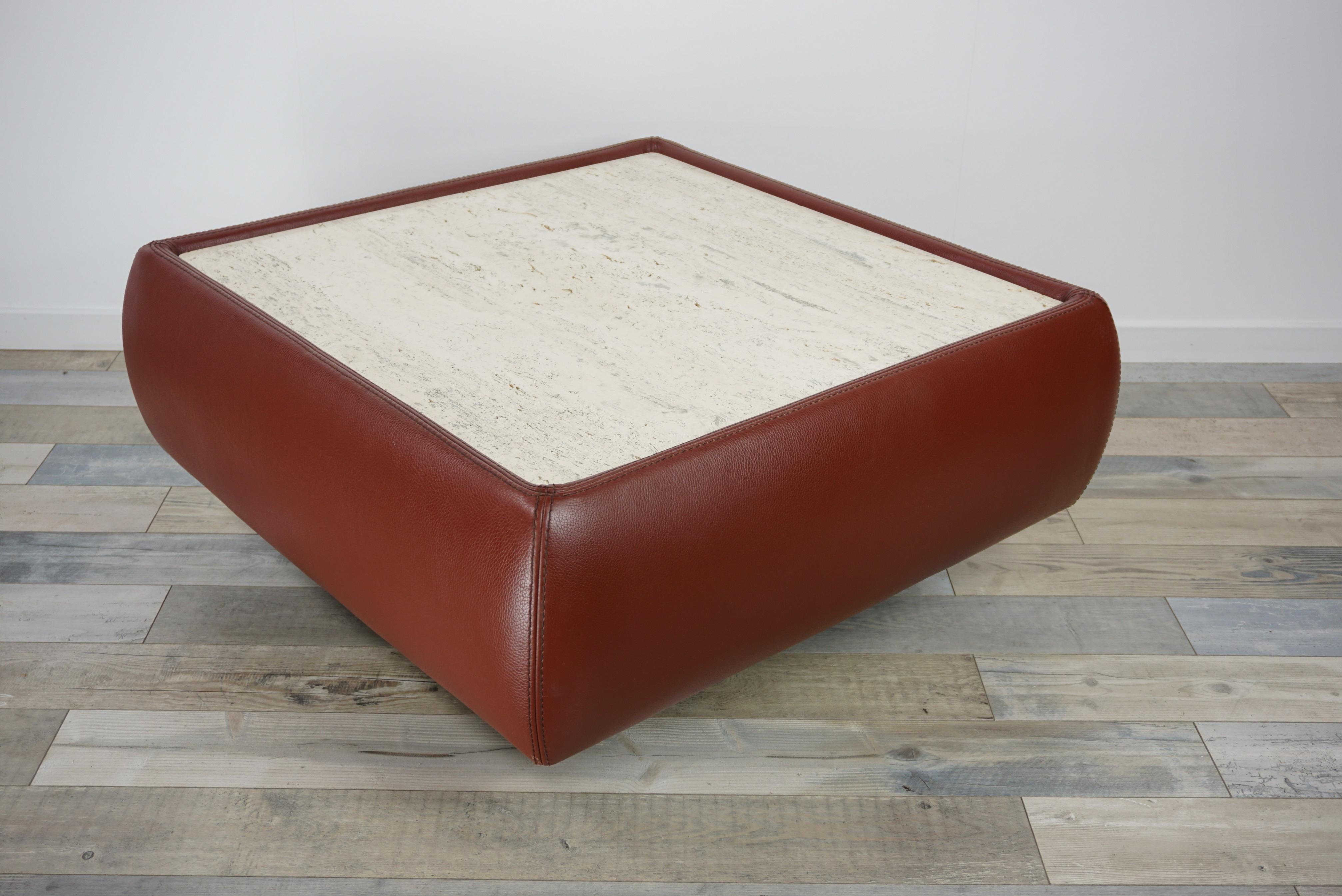 Leather and Travertine Square Coffee Table 1