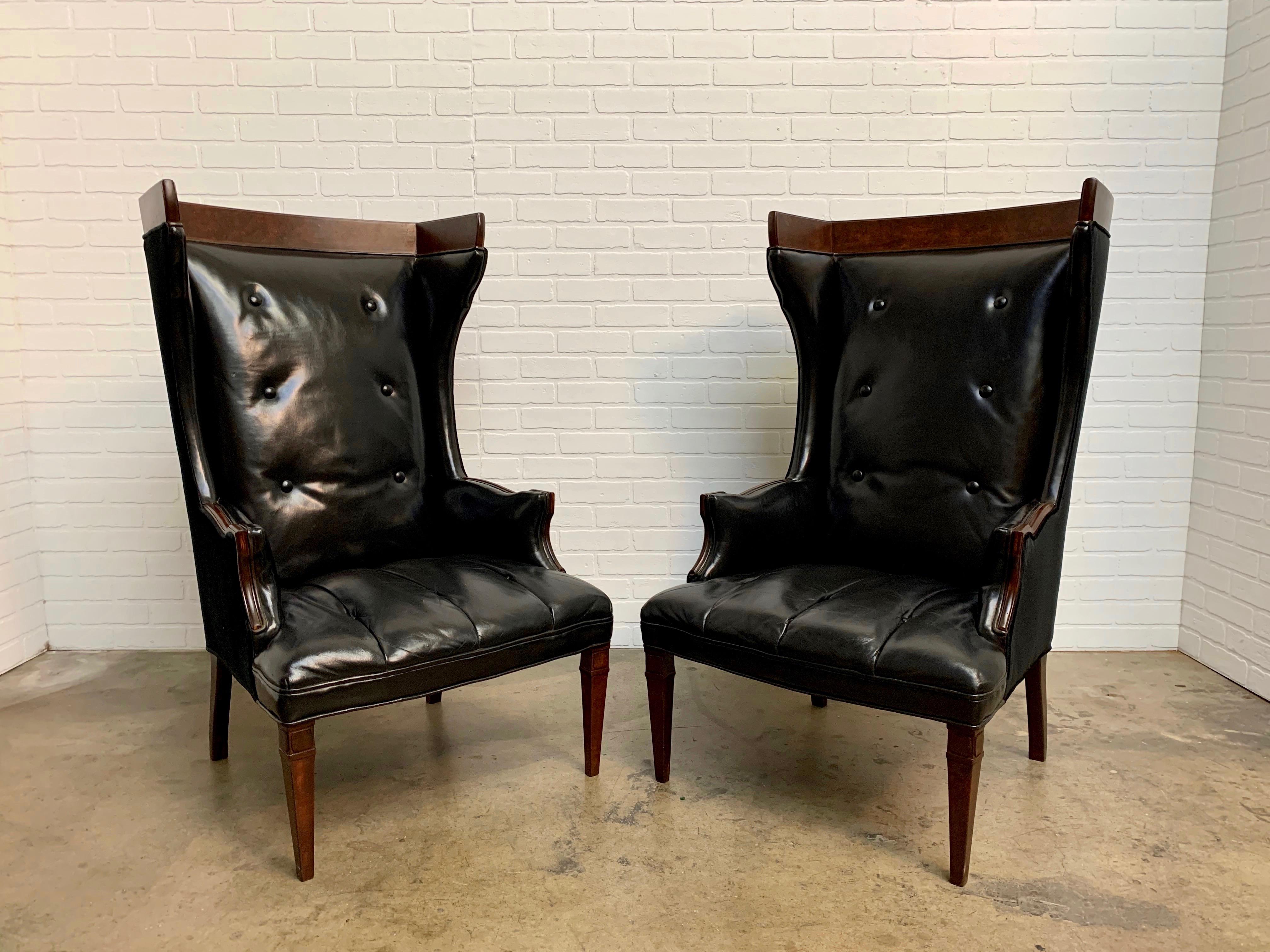 Hollywood Regency Leather and Velvet Wingback Chairs