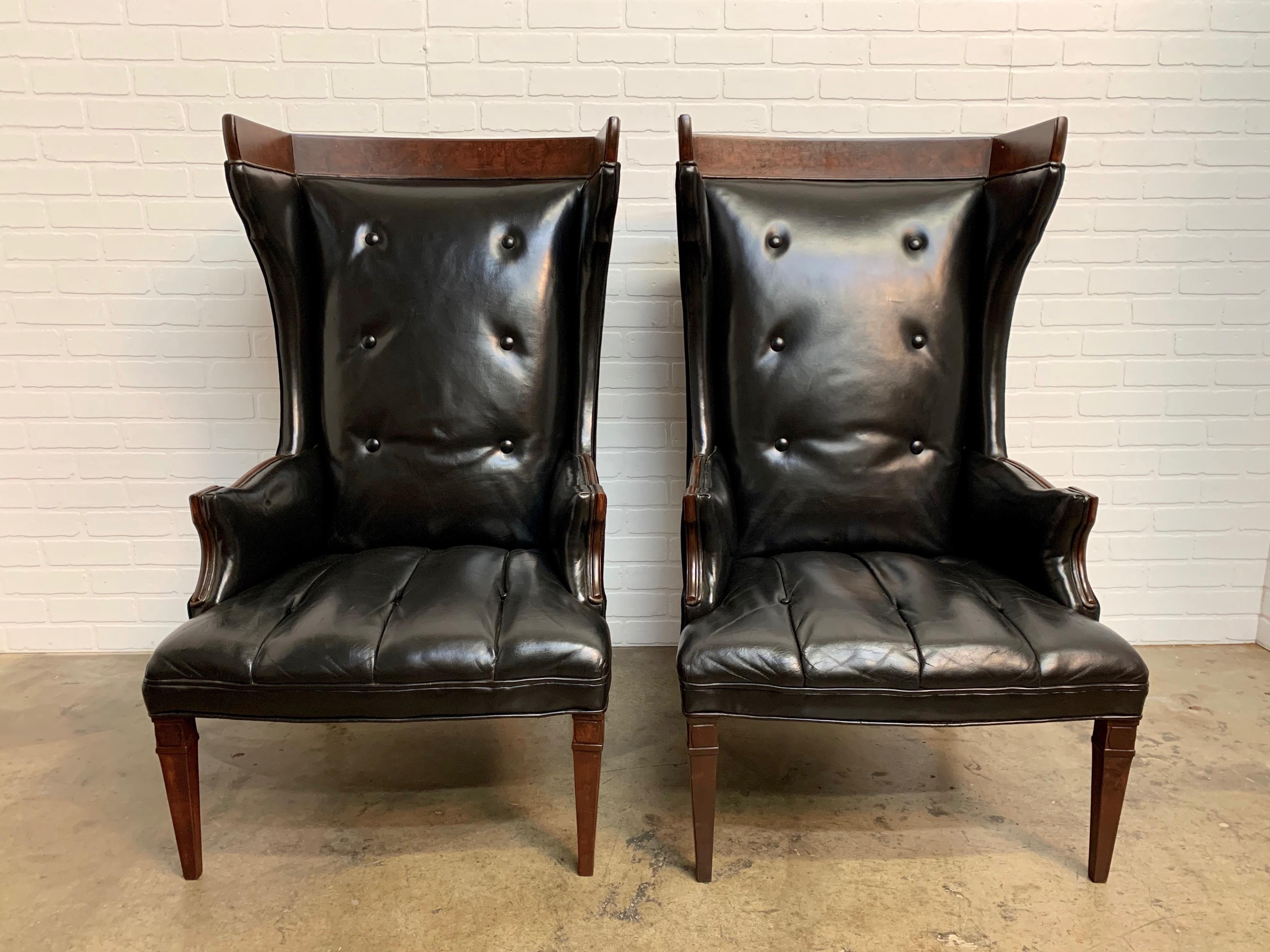 Leather and Velvet Wingback Chairs In Good Condition In Denton, TX