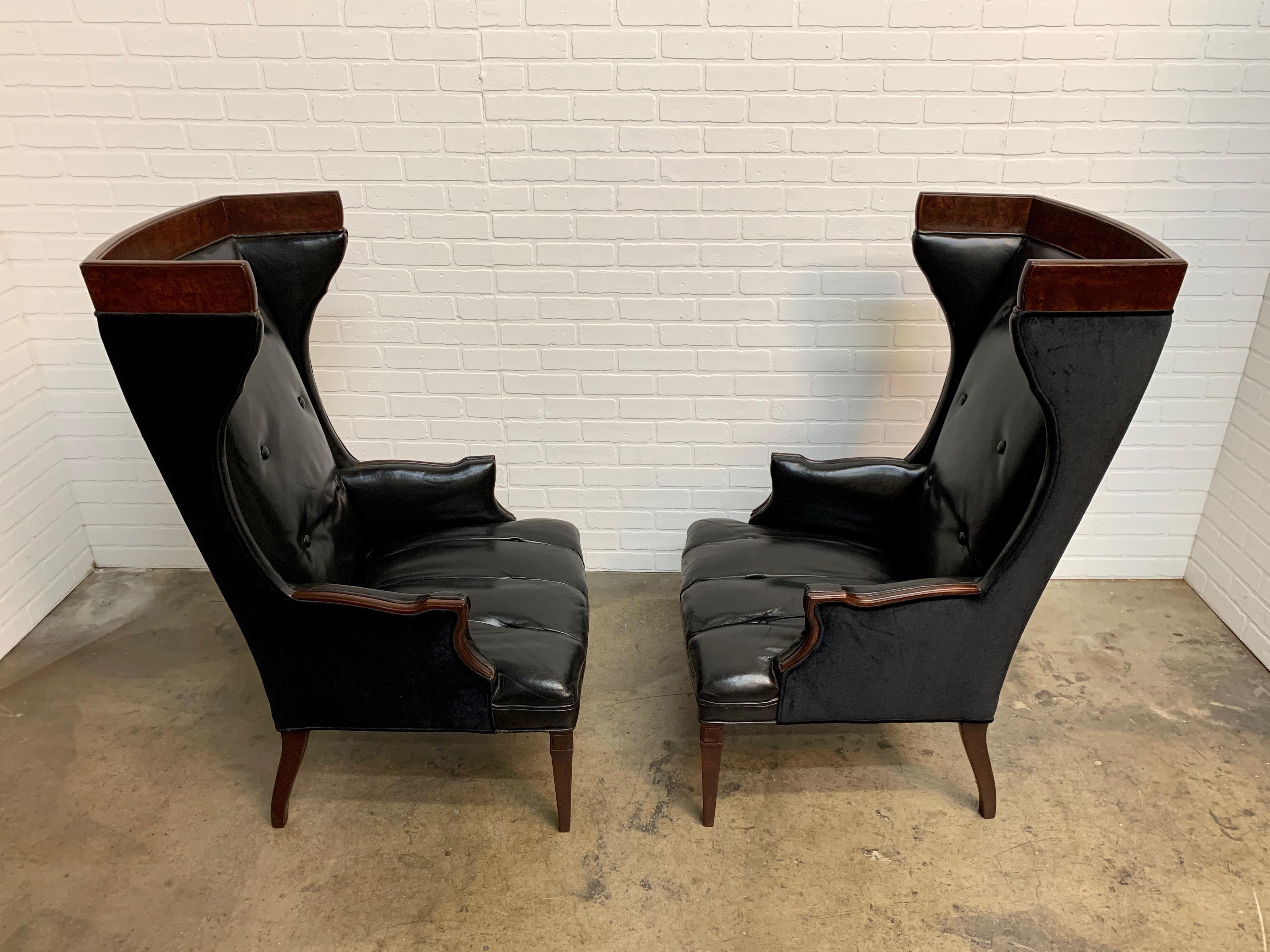 20th Century Leather and Velvet Wingback Chairs