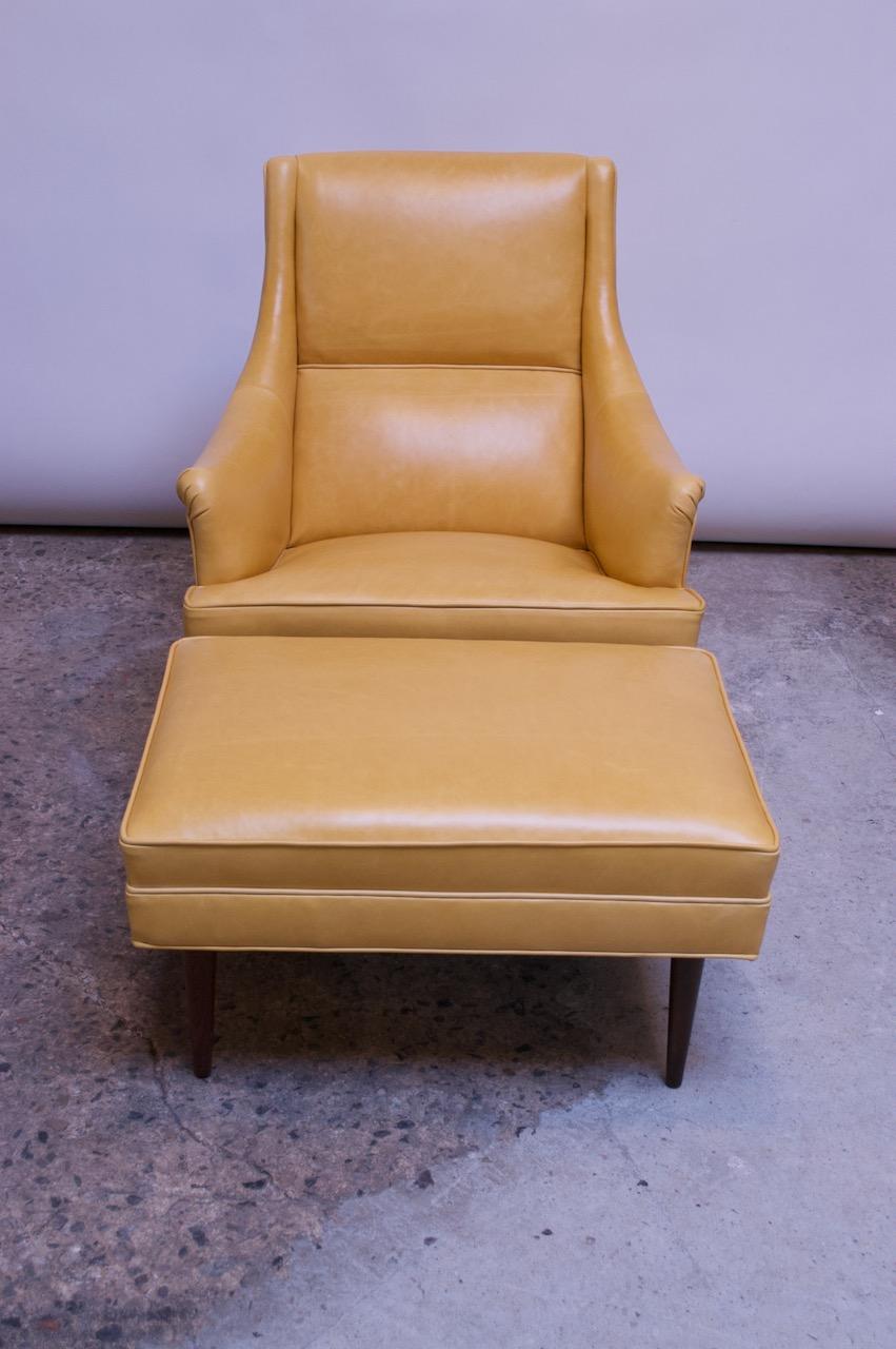 Beautifully designed and well constructed Milo Baughman for James Inc. lounge chair and ottoman supported by turned, walnut legs. Clean lines with generously curved, sweeping arm rests for additional comfort. Newly reupholstered in leather with new