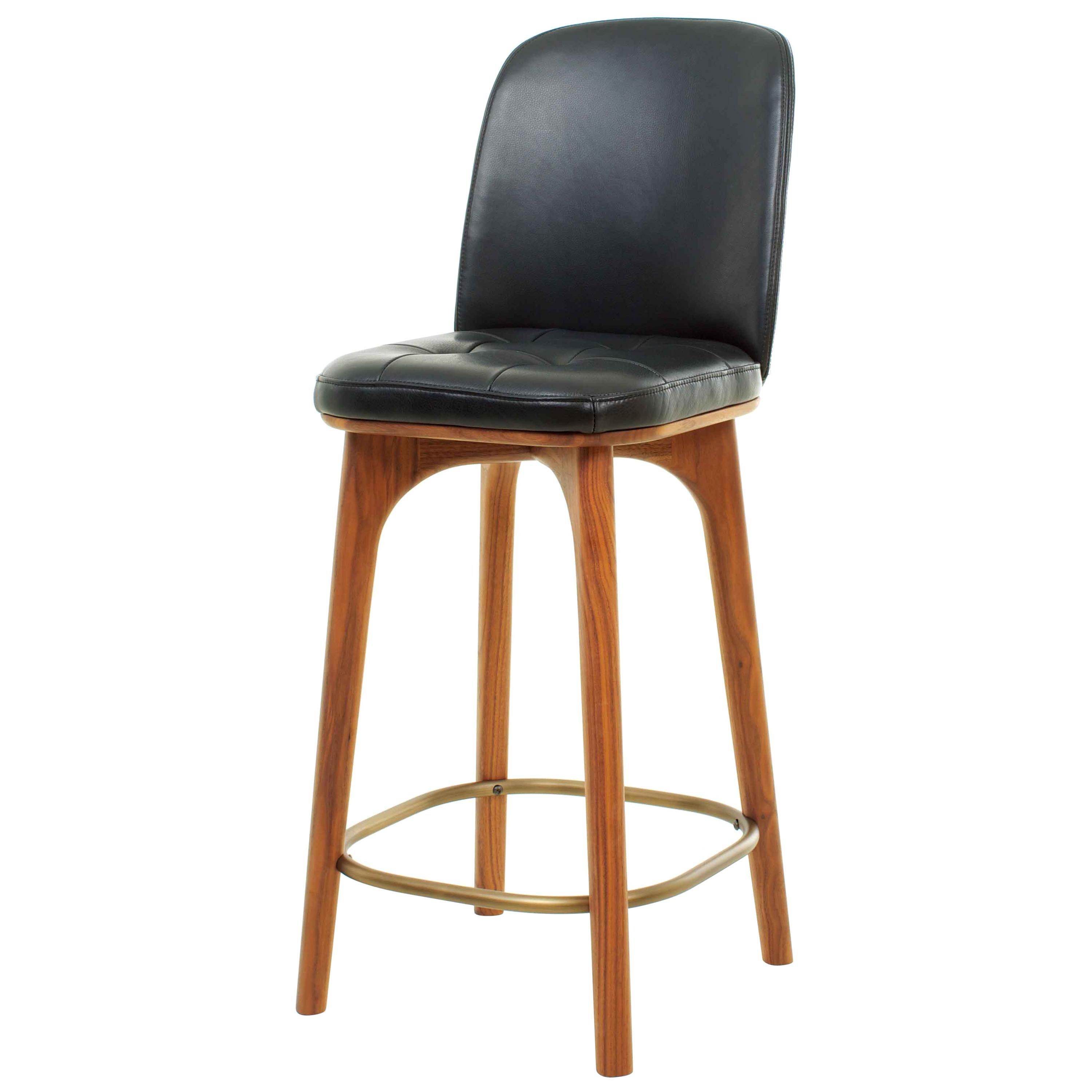 Wood and Black Leather Counter Bar Stool by Erik Buck at 1stDibs
