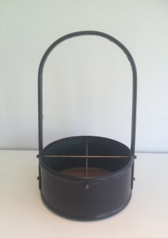 Leather and Wood Bottle Holder, in the Style of Jacques Adnet, French, 1950s