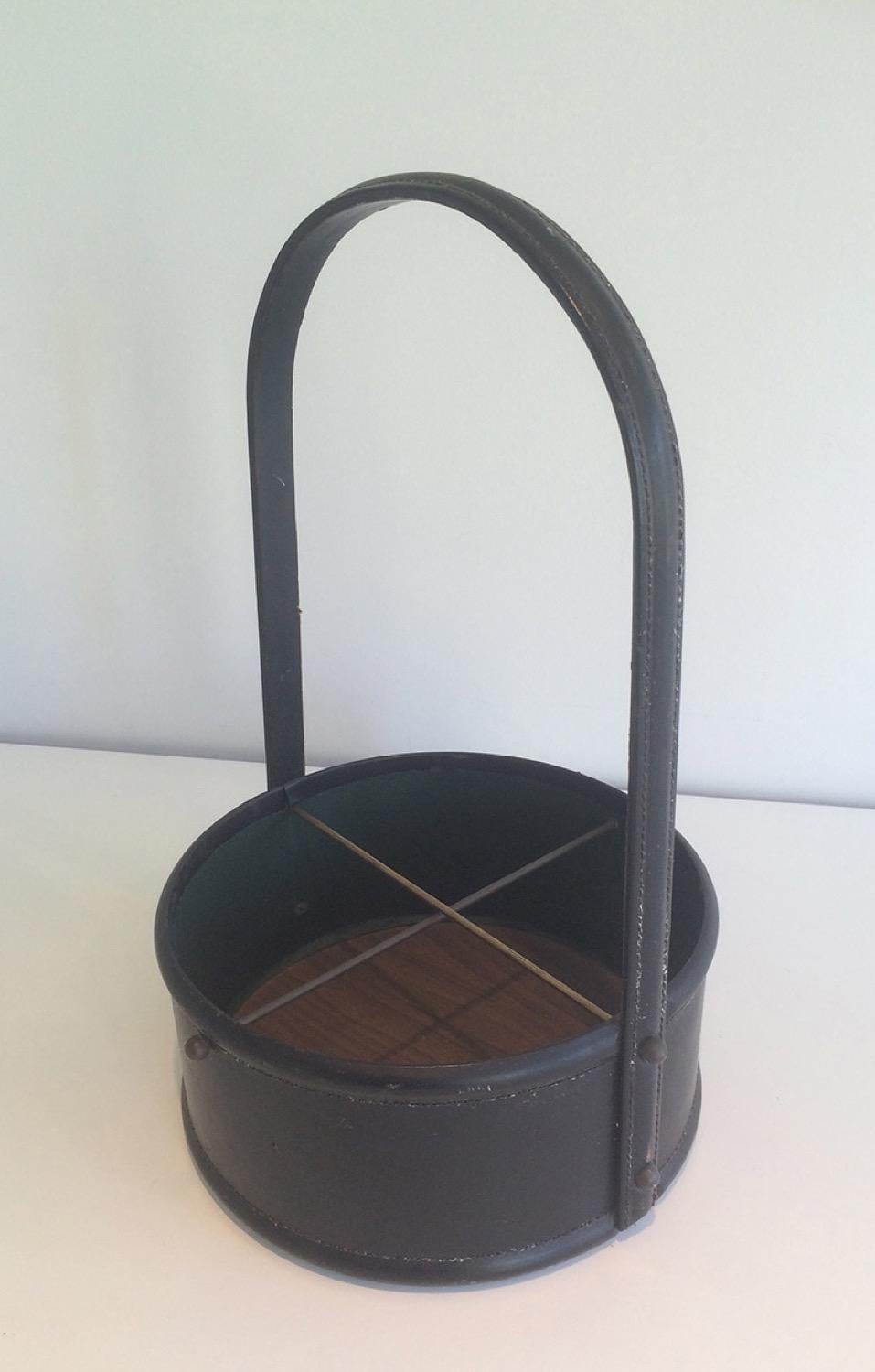 Mid-Century Modern Leather and Wood Bottle Holder, in the Style of Jacques Adnet, French, 1950s For Sale