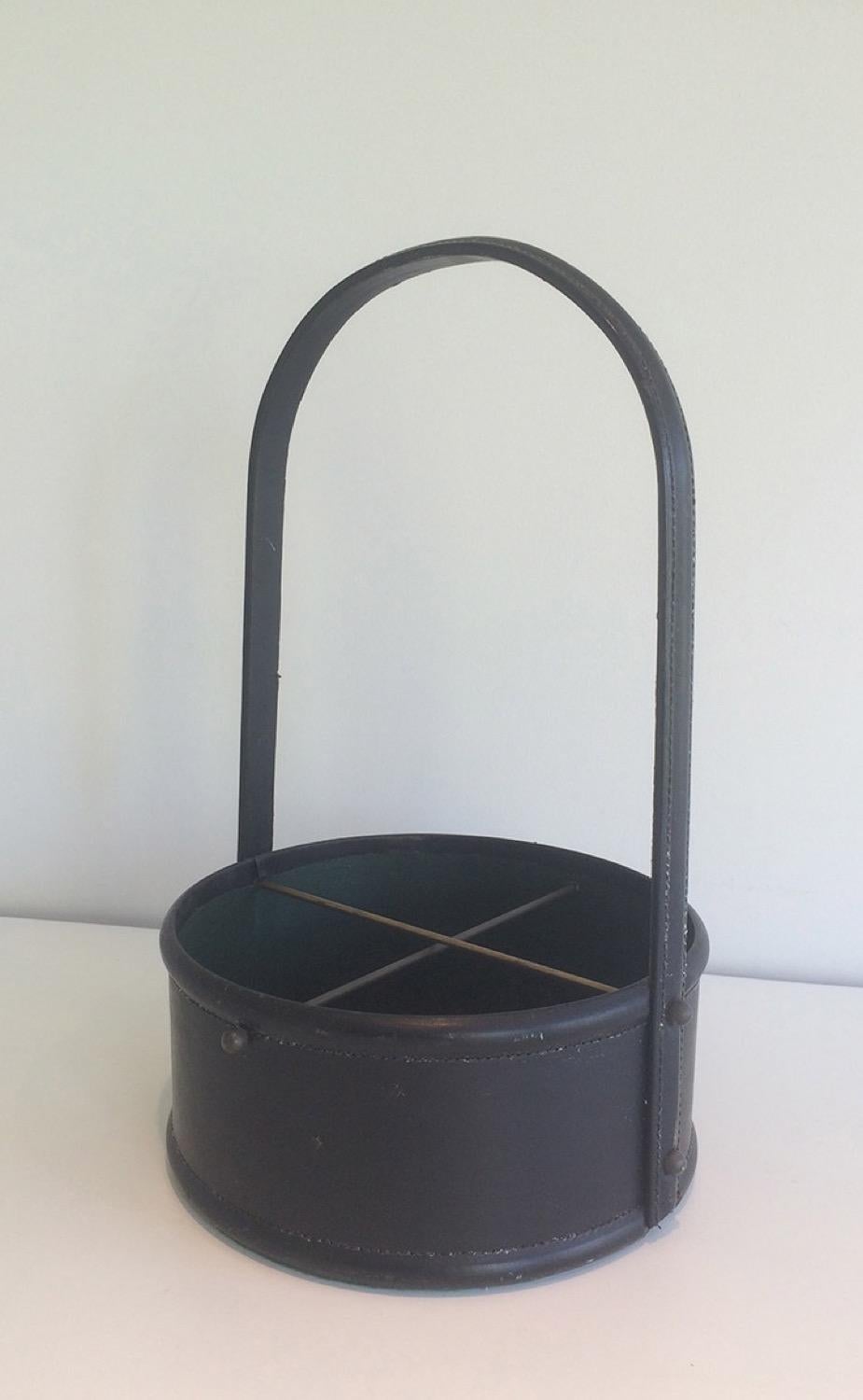 Leather and Wood Bottle Holder, in the Style of Jacques Adnet, French, 1950s For Sale 2
