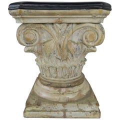 Leather and Wood Carved Capital Stool