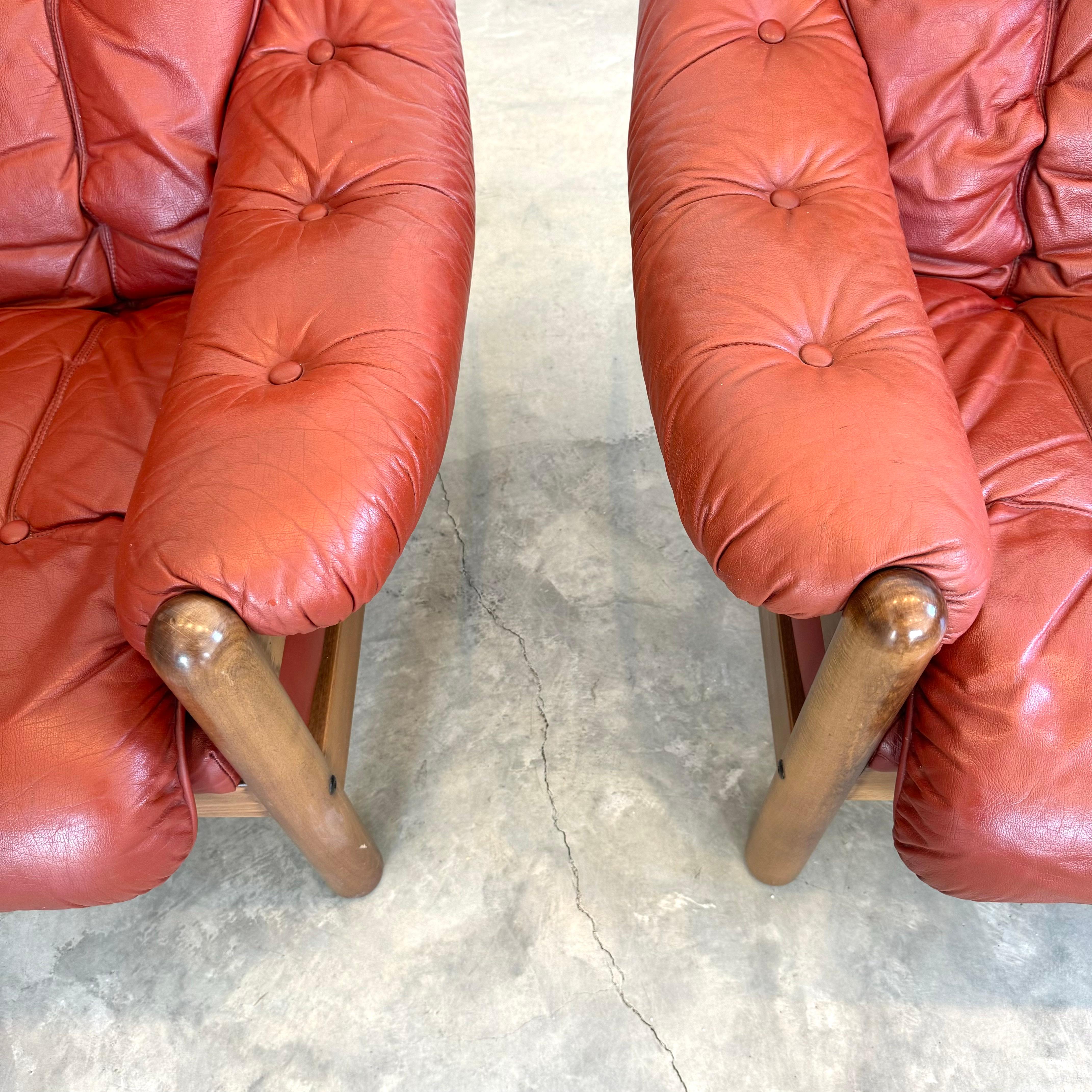 Leather and Wood Club Chairs, Sweden 1970s 7