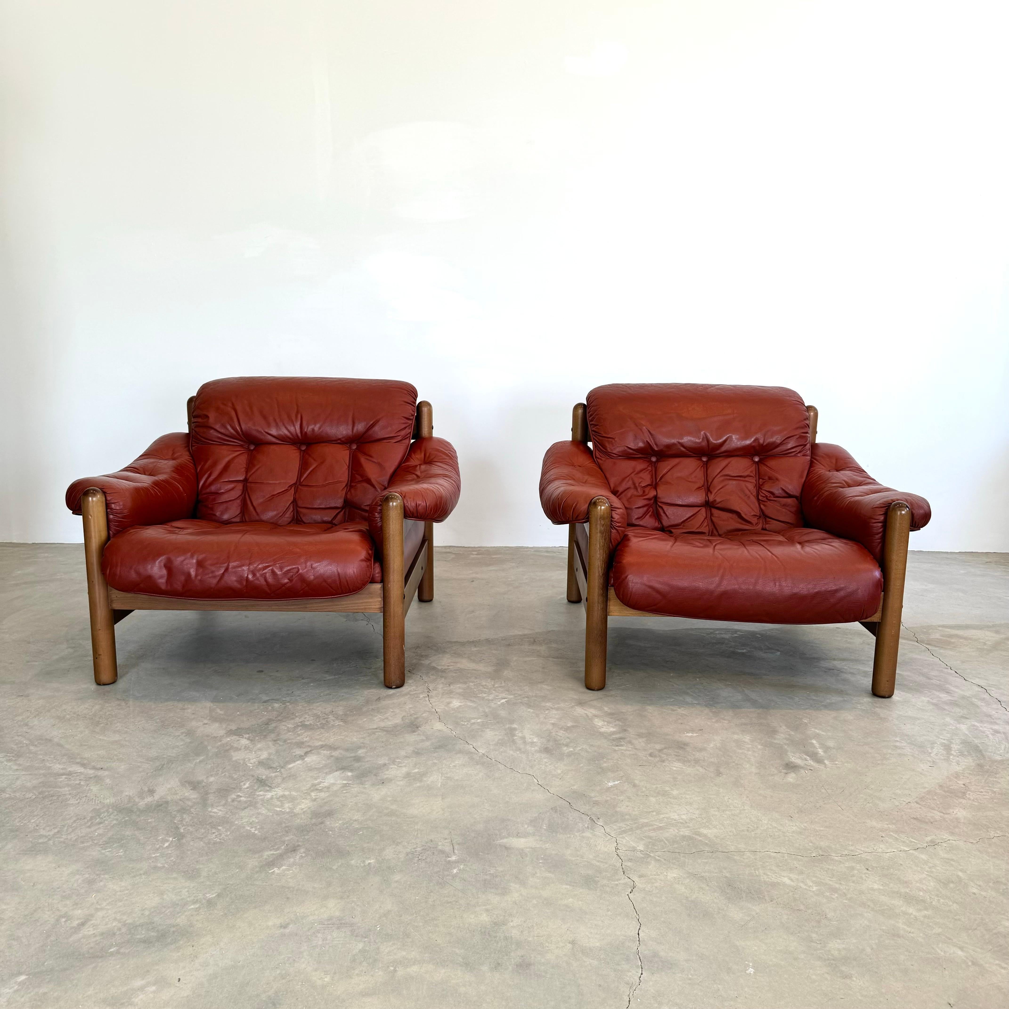 Mid-Century Modern  Leather and Wood Club Chairs, Sweden 1970s