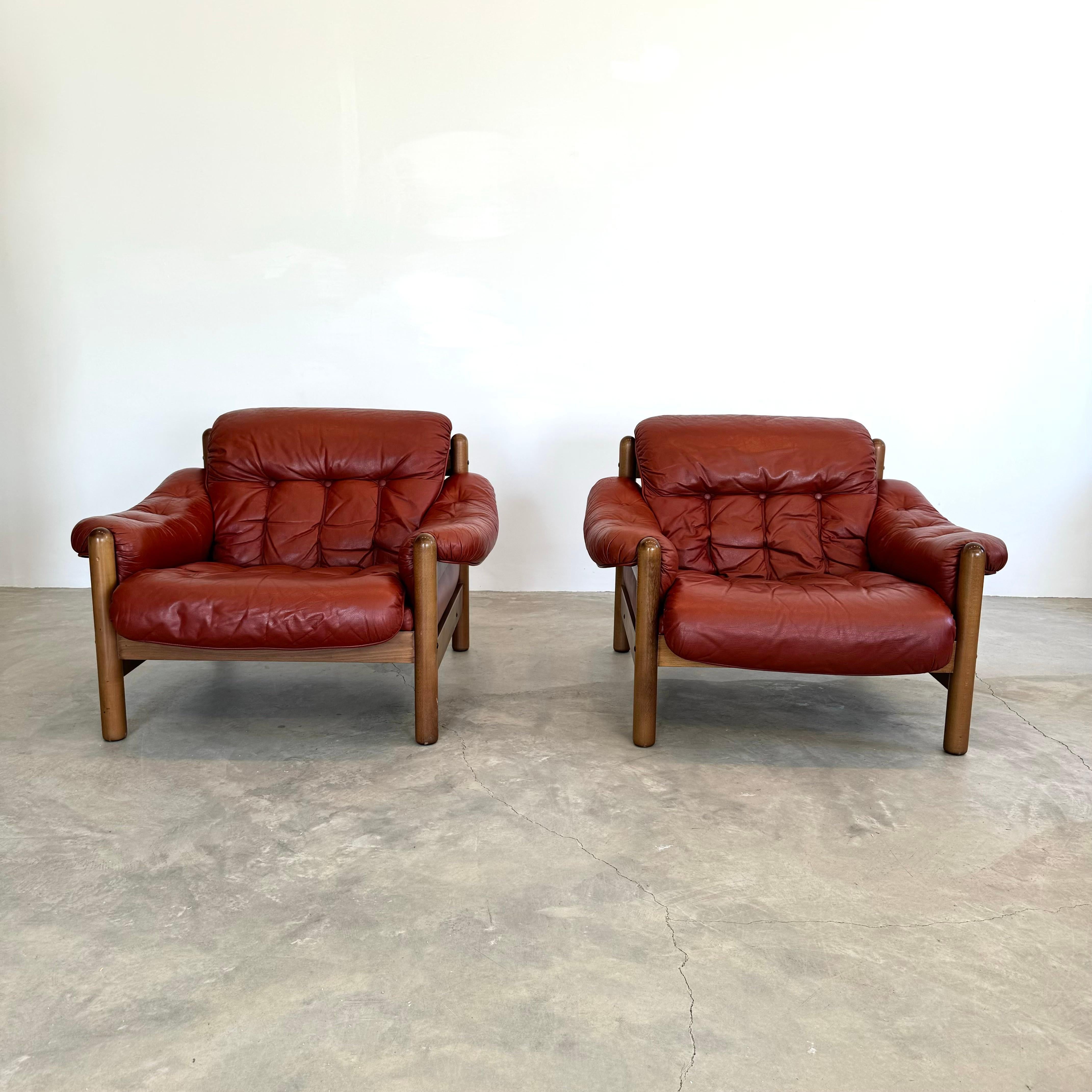 Mid-Century Modern Leather and Wood Club Chairs, Sweden 1970s