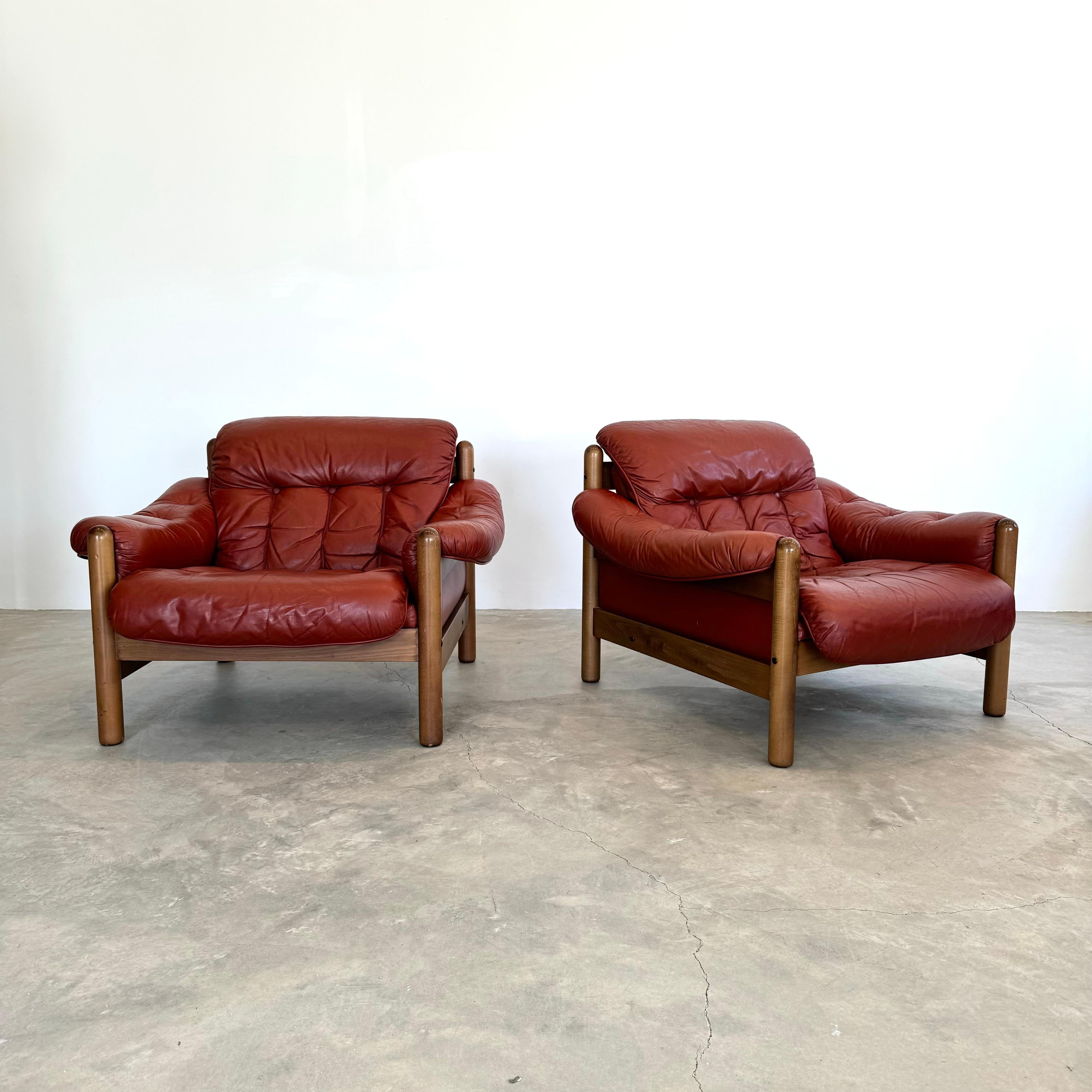 Swedish Leather and Wood Club Chairs, Sweden 1970s