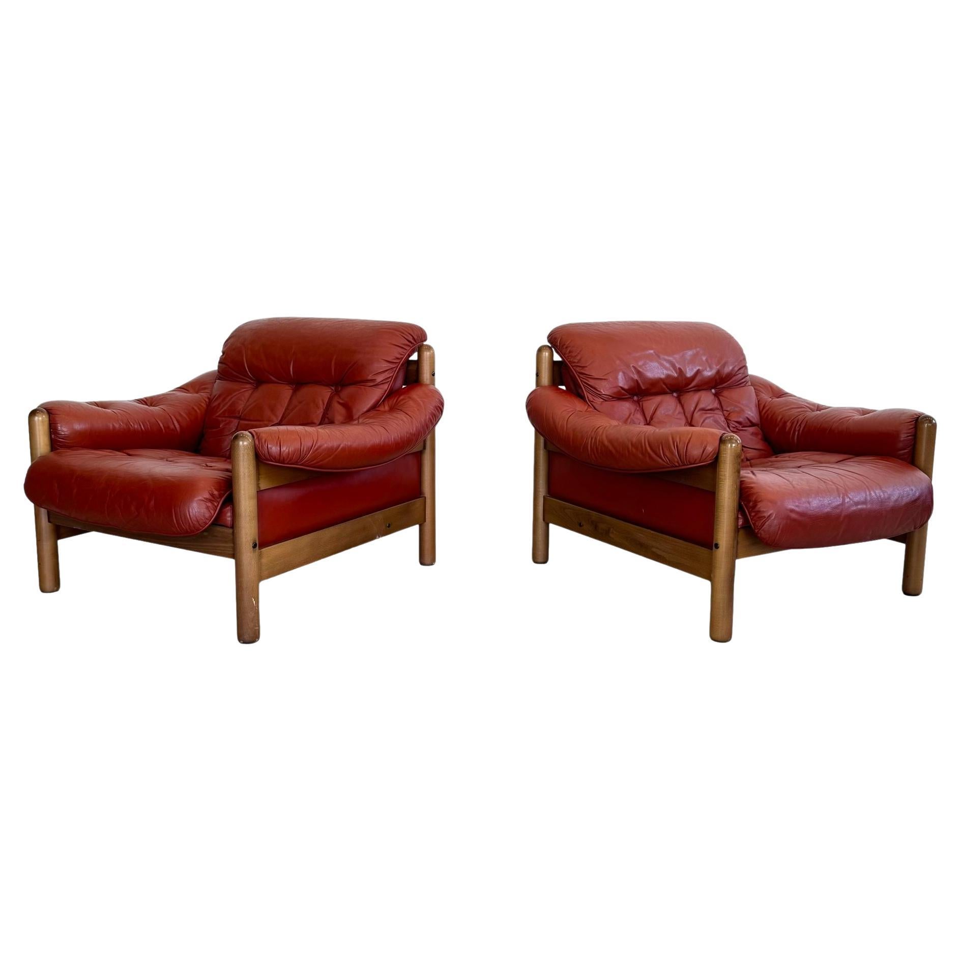  Leather and Wood Club Chairs, Sweden 1970s