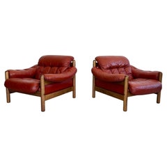 Vintage  Leather and Wood Club Chairs, Sweden 1970s