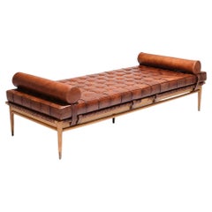 Used Leather and Wood Daybed, Olivier de Schrijver, 1970s