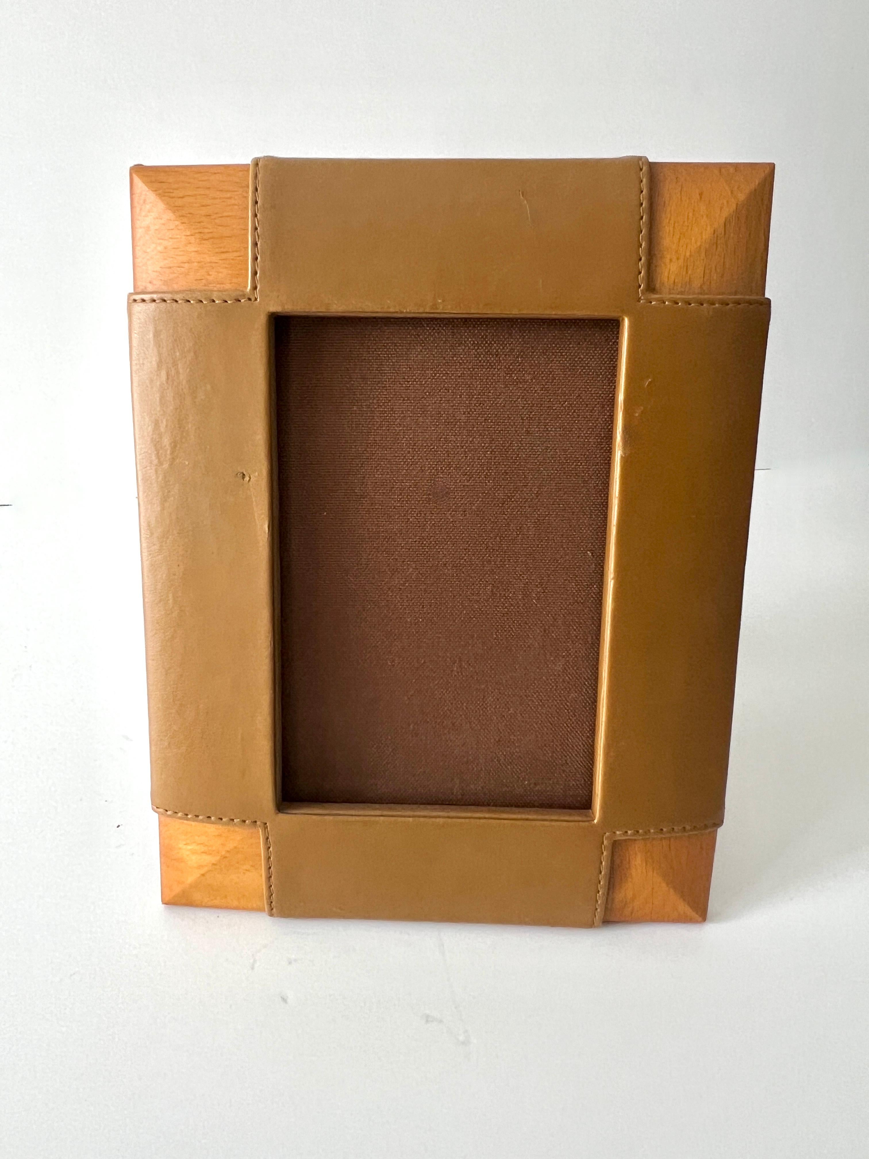 Organic Modern Leather and Wood Picture Frame in the Style of Ralph Lauren For Sale