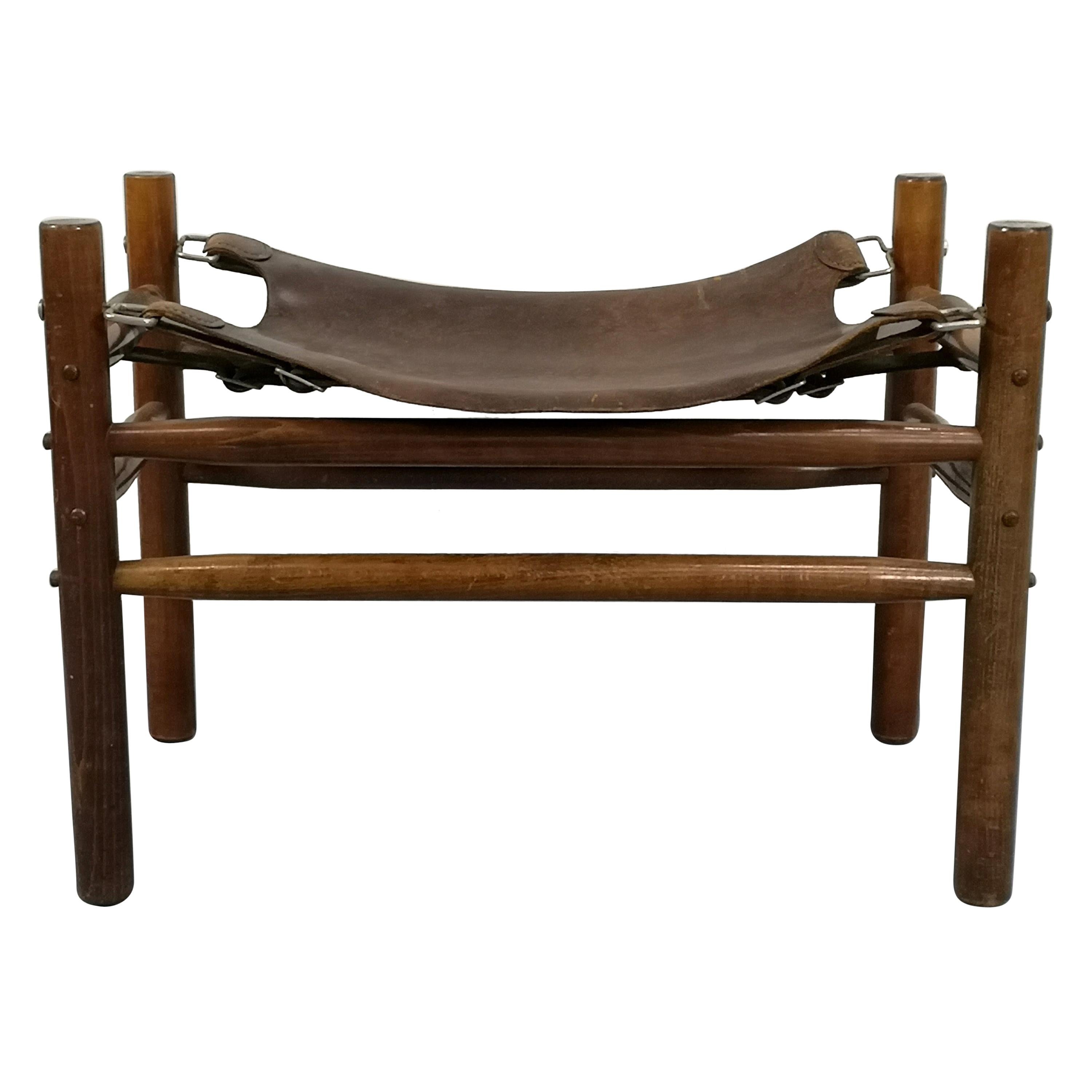 Leather and Wood Safari Ottoman, 1970s