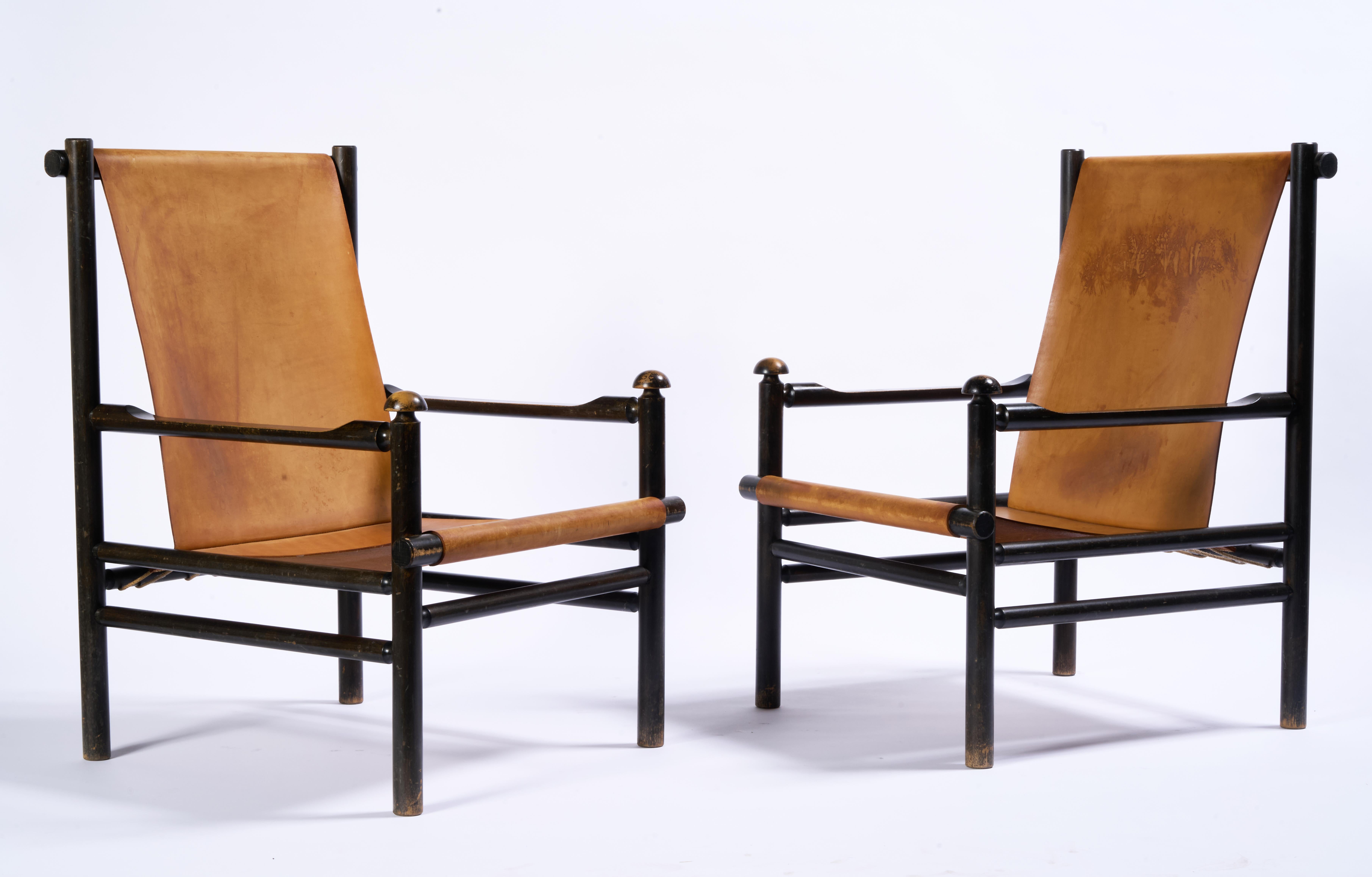 Sling Chairs aus Leder und Holz, niederländischer Designer, ein Paar im Angebot 6