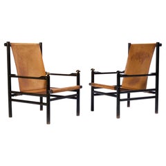 Leather and Wood Sling Chairs, Dutch Designer, A Pair