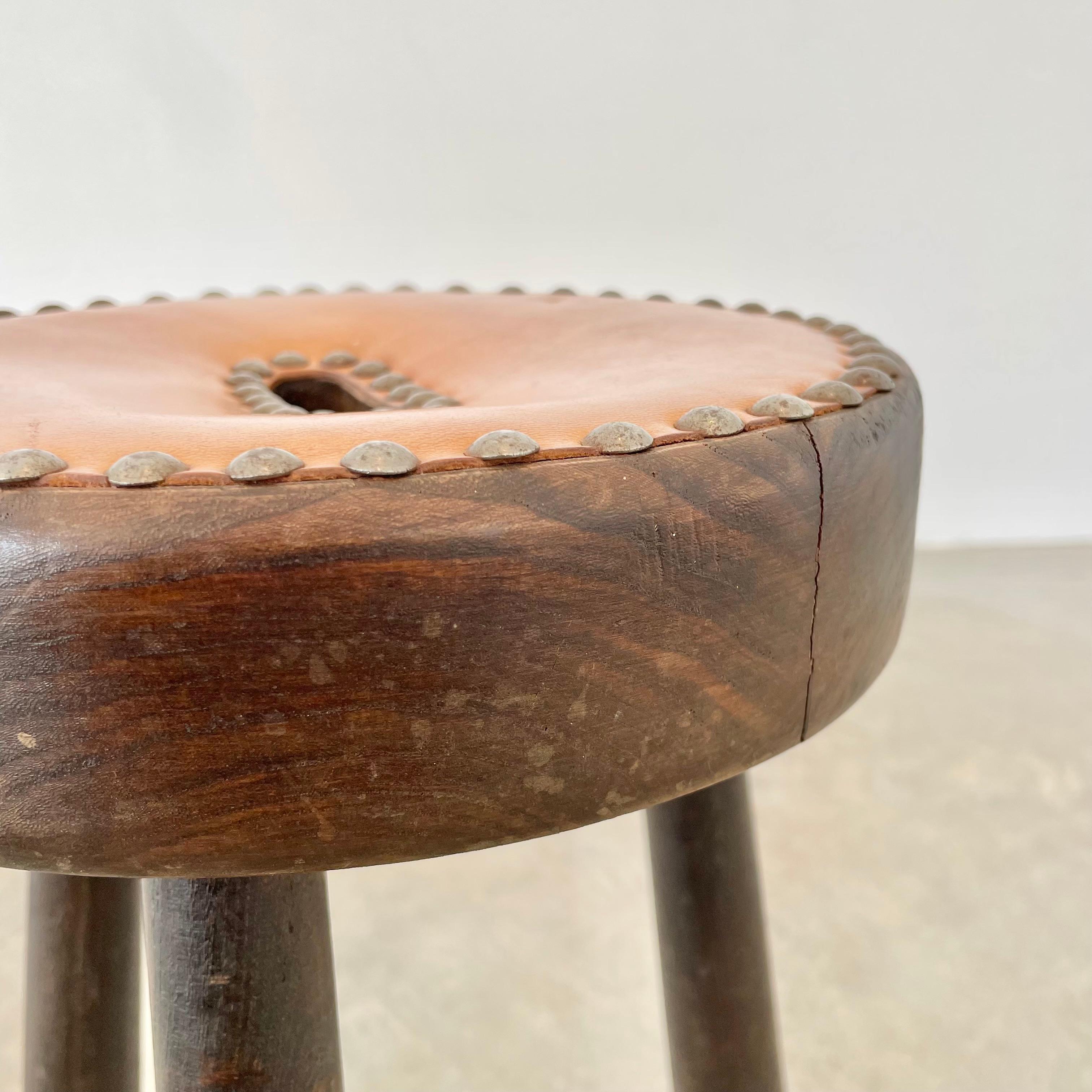 Leather and Wood Studded Stool, 1970s France For Sale 6