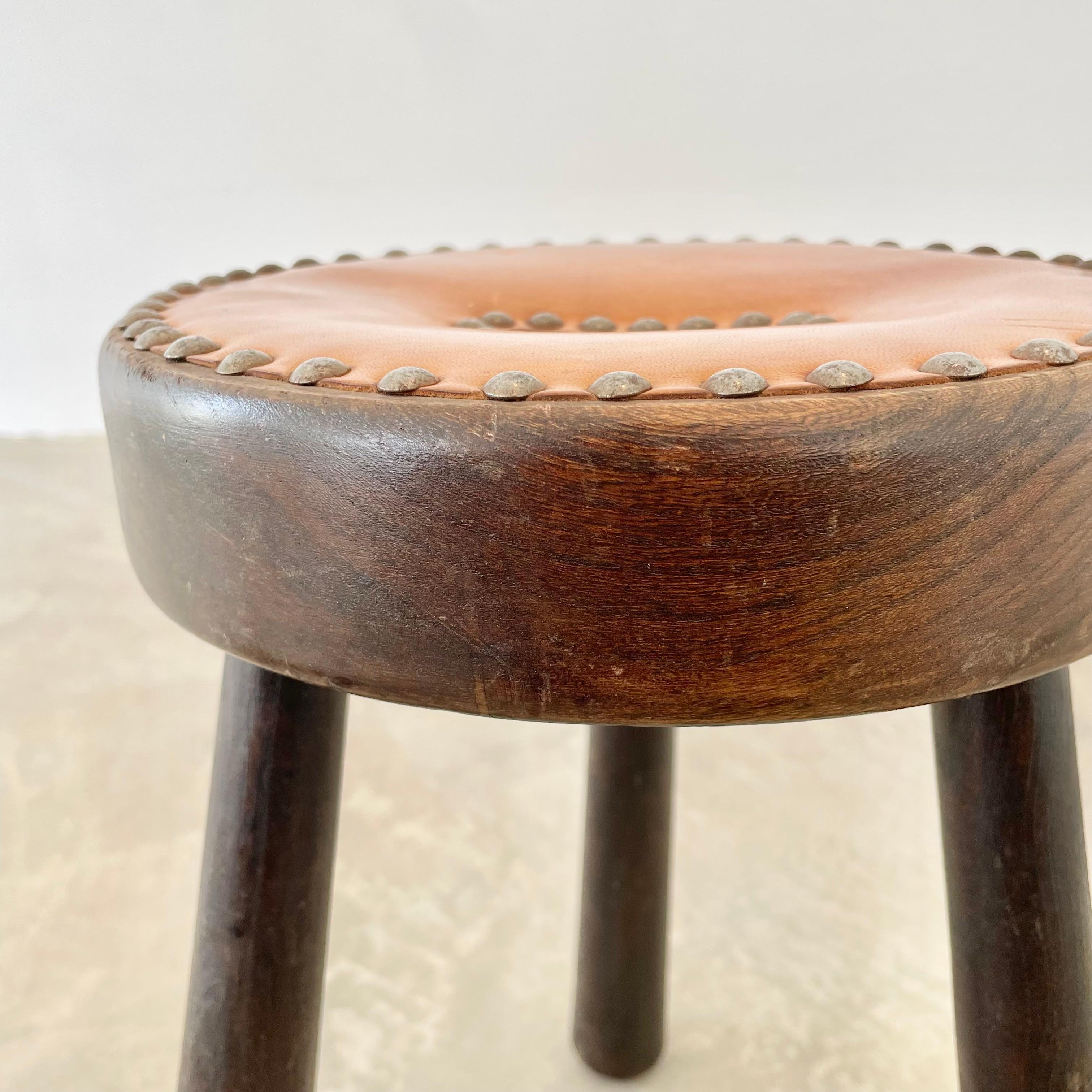Leather and Wood Studded Stool, 1970s France In Good Condition For Sale In Los Angeles, CA