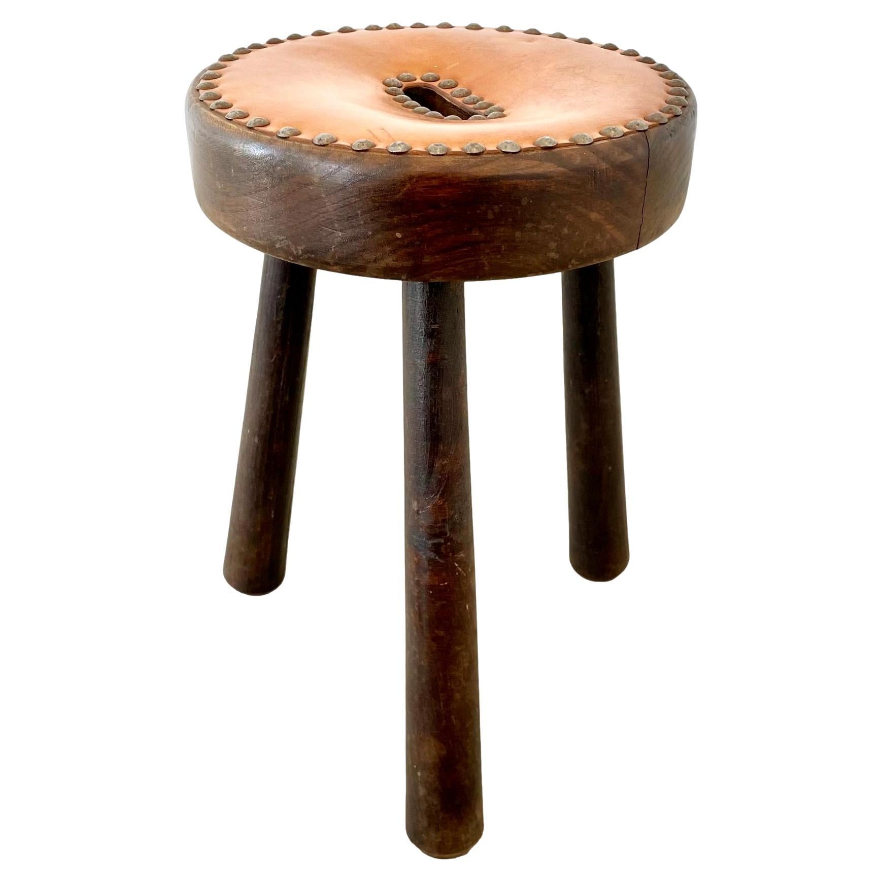 Leather and Wood Studded Stool, 1970s France For Sale