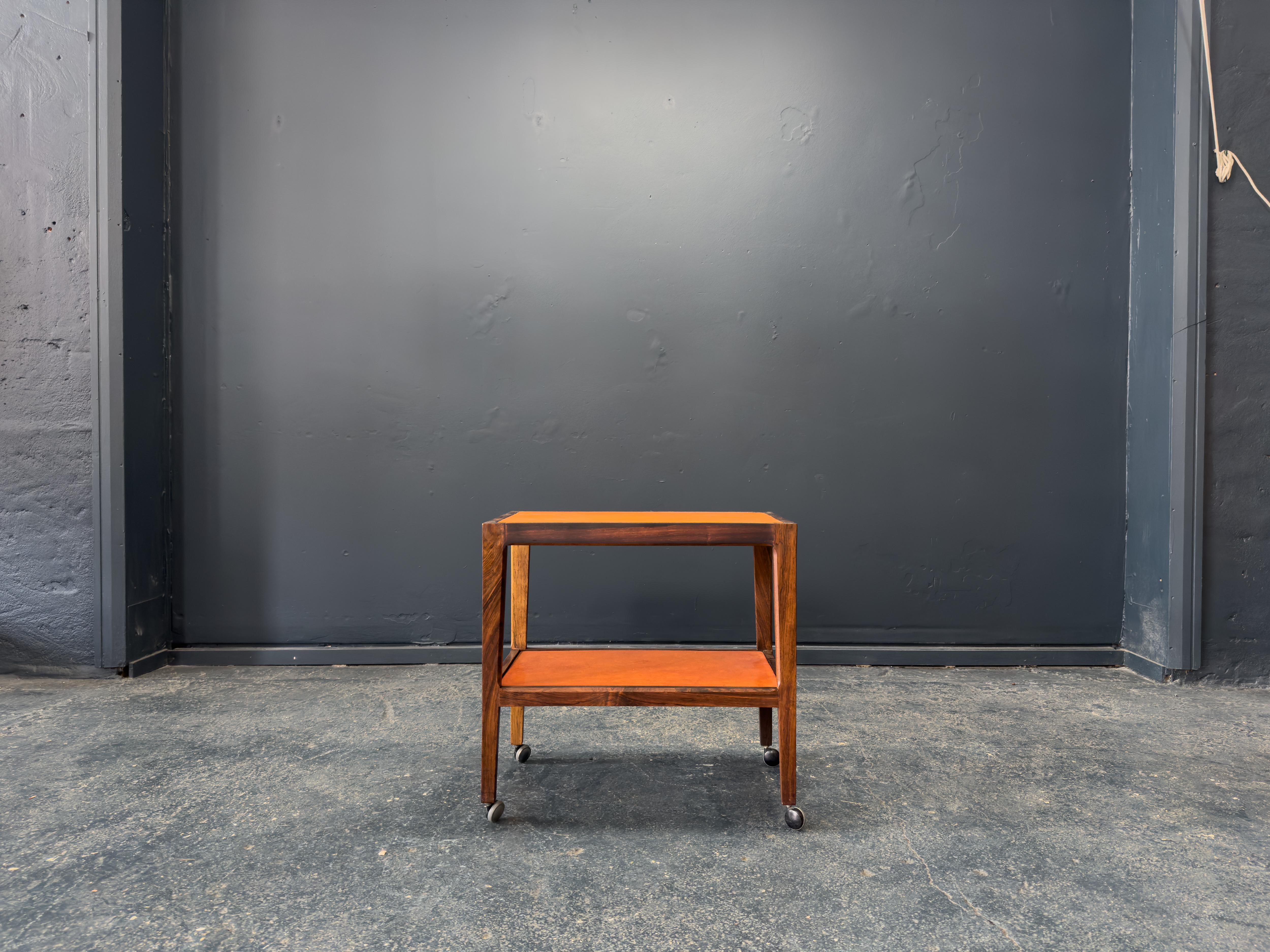 Mid-Century Modern Leather and Wooden Unit on Wheels